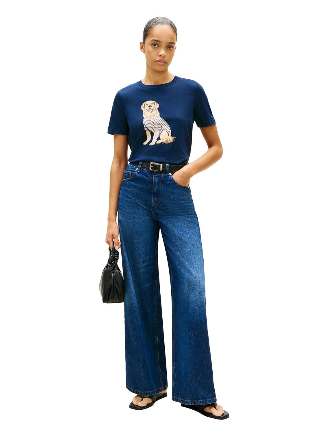 imageTommy Hilfiger Womens Short Sleeve Cotton Graphic Crew Neck TShirts with Printed Dog Graphic Dog Mom ShirtDark Night Navy