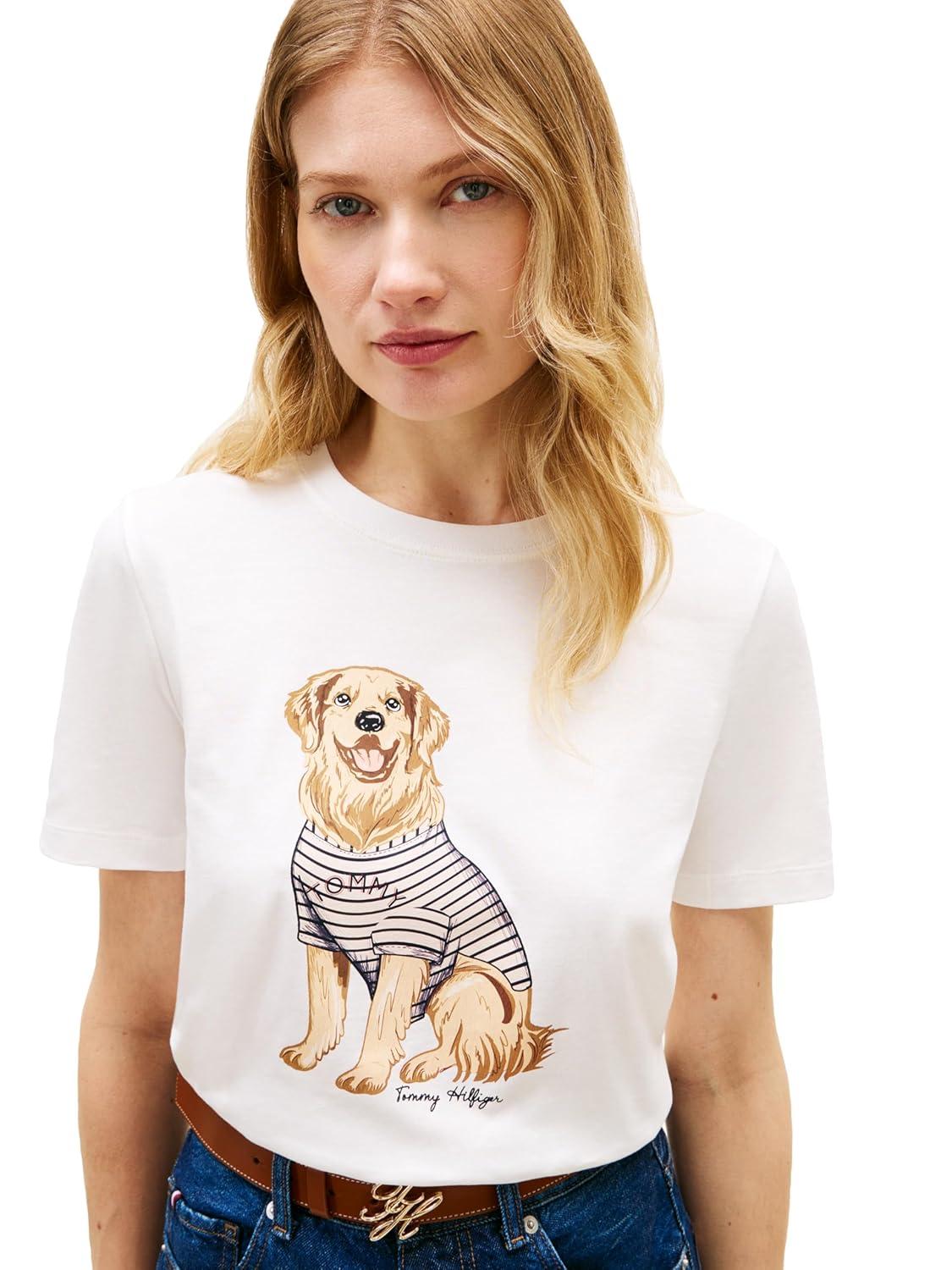 imageTommy Hilfiger Womens Short Sleeve Cotton Graphic Crew Neck TShirts with Printed Dog Graphic Dog Mom ShirtEcru Dark Night Navy Stripe