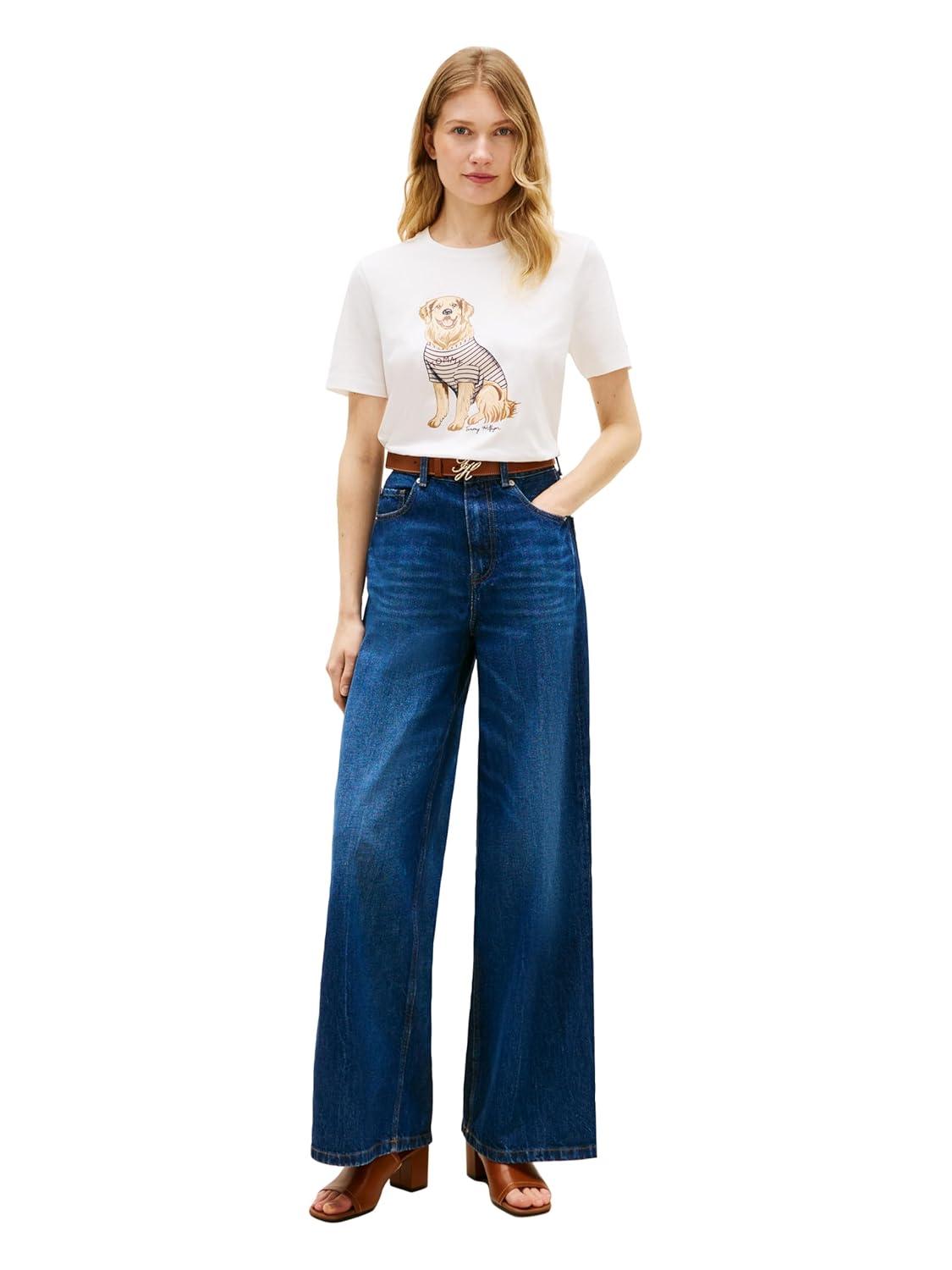 imageTommy Hilfiger Womens Short Sleeve Cotton Graphic Crew Neck TShirts with Printed Dog Graphic Dog Mom ShirtEcru Dark Night Navy Stripe