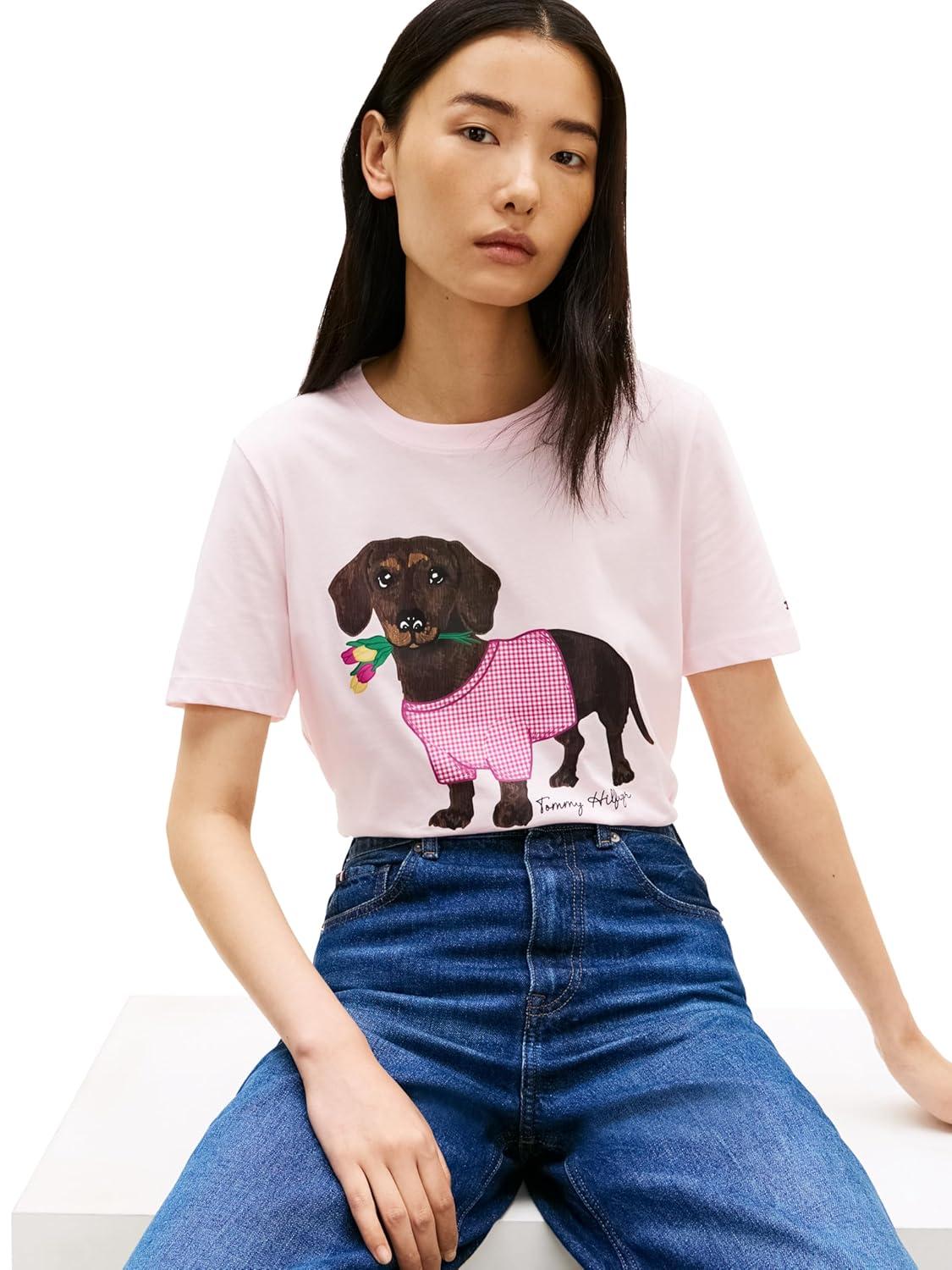 imageTommy Hilfiger Womens Short Sleeve Cotton Graphic Crew Neck TShirts with Printed Dog Graphic Dog Mom ShirtLight Pink