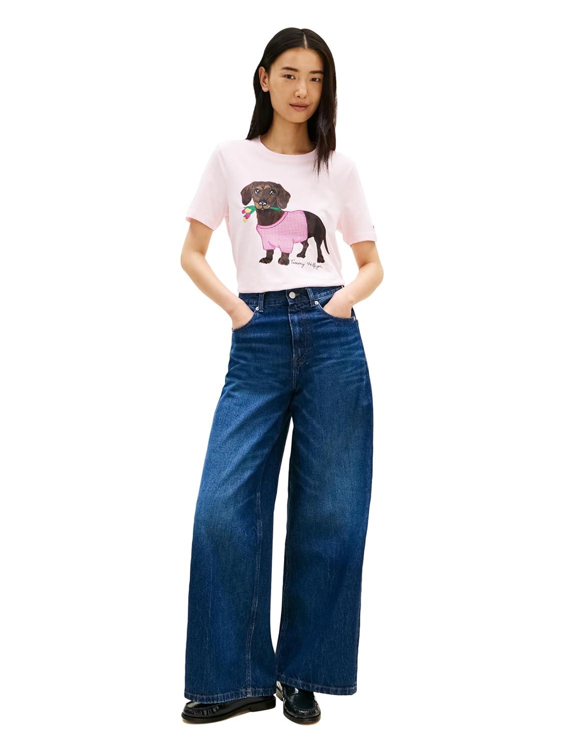imageTommy Hilfiger Womens Short Sleeve Cotton Graphic Crew Neck TShirts with Printed Dog Graphic Dog Mom ShirtLight Pink