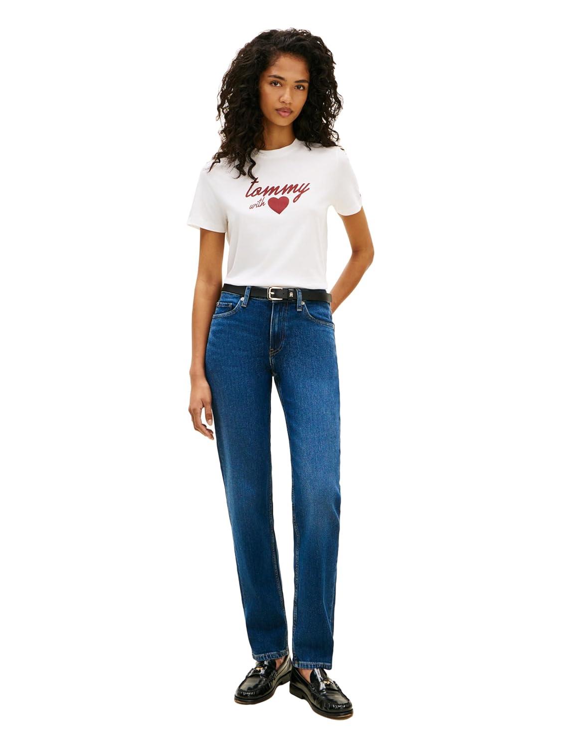 imageTommy Hilfiger Womens Short Sleeve Cotton Graphic Logo Crew Neck TShirtsEcru Red Tommy Heart