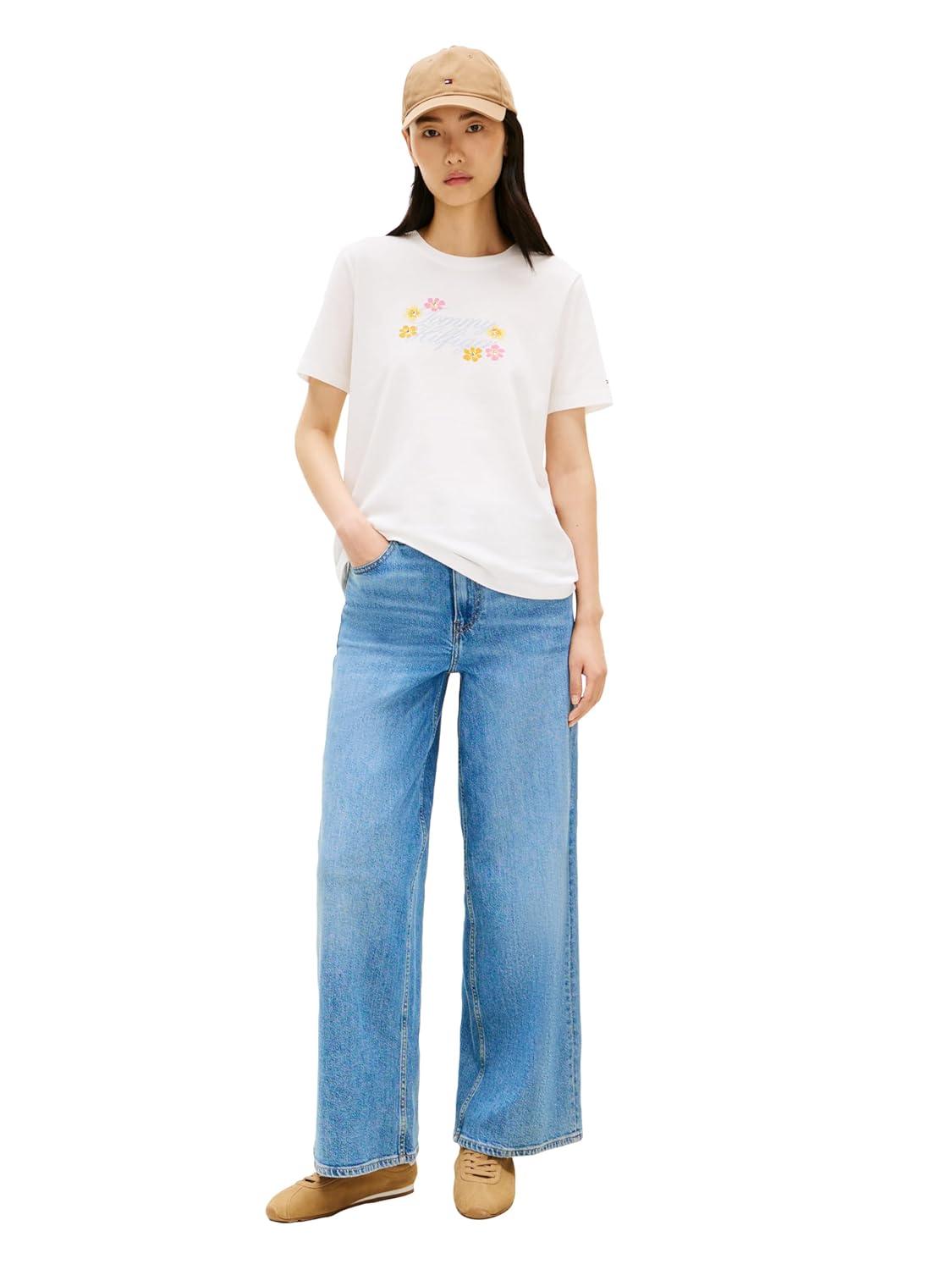 imageTommy Hilfiger Womens Short Sleeve Cotton Graphic Logo Crew Neck TShirtsEcruFlowers