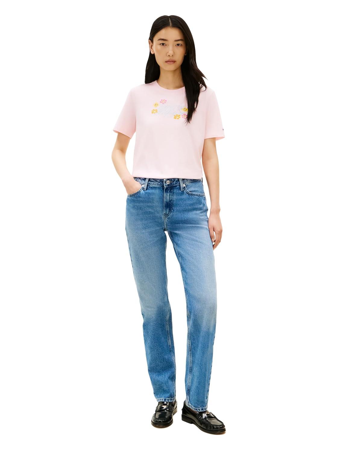 imageTommy Hilfiger Womens Short Sleeve Cotton Graphic Logo Crew Neck TShirtsLight PinkFlowers