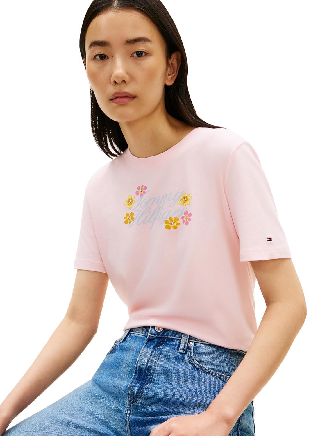 imageTommy Hilfiger Womens Short Sleeve Cotton Graphic Logo Crew Neck TShirtsLight PinkFlowers