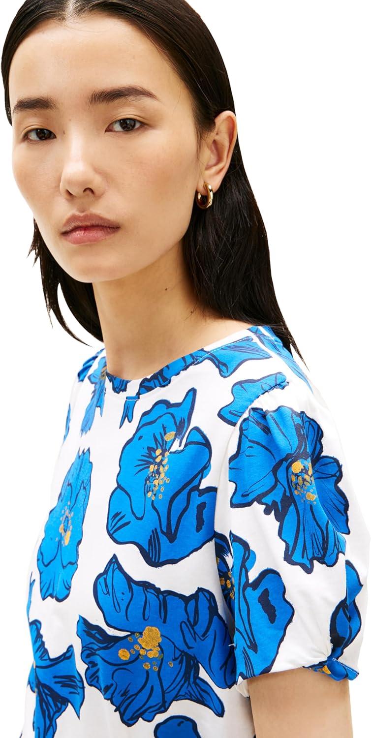 imageTommy Hilfiger Womens Short Sleeve Cotton Graphic TShirts with Puff Cuffs and Embroidered Flag LogoPop Art Floral Ecru