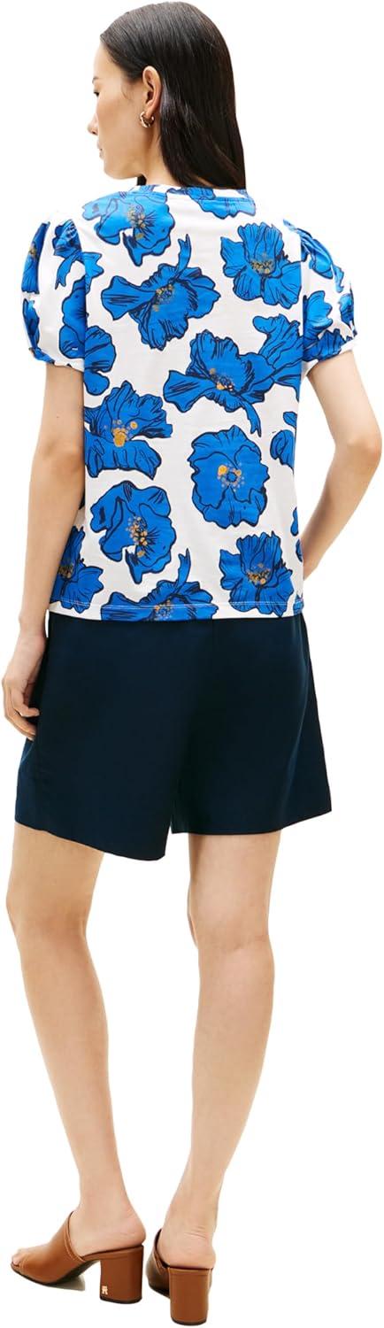imageTommy Hilfiger Womens Short Sleeve Cotton Graphic TShirts with Puff Cuffs and Embroidered Flag LogoPop Art Floral Ecru