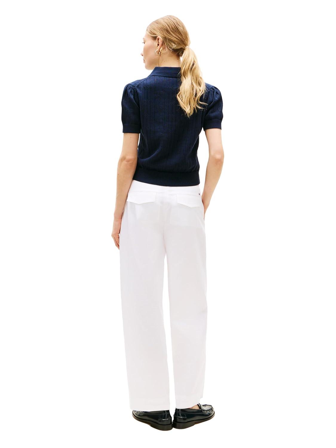 imageTommy Hilfiger Womens Short Sleeve Cotton Polo Sweater Pointelle Knit Cropped Polo Shirt with Puff SleeveDark Night Navy