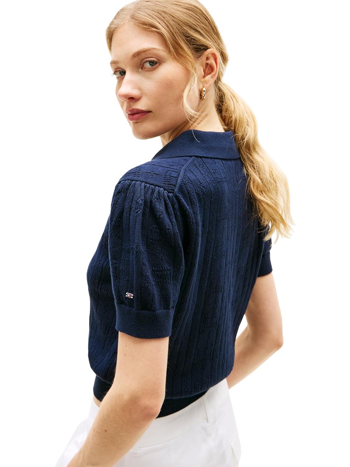 imageTommy Hilfiger Womens Short Sleeve Cotton Polo Sweater Pointelle Knit Cropped Polo Shirt with Puff SleeveDark Night Navy