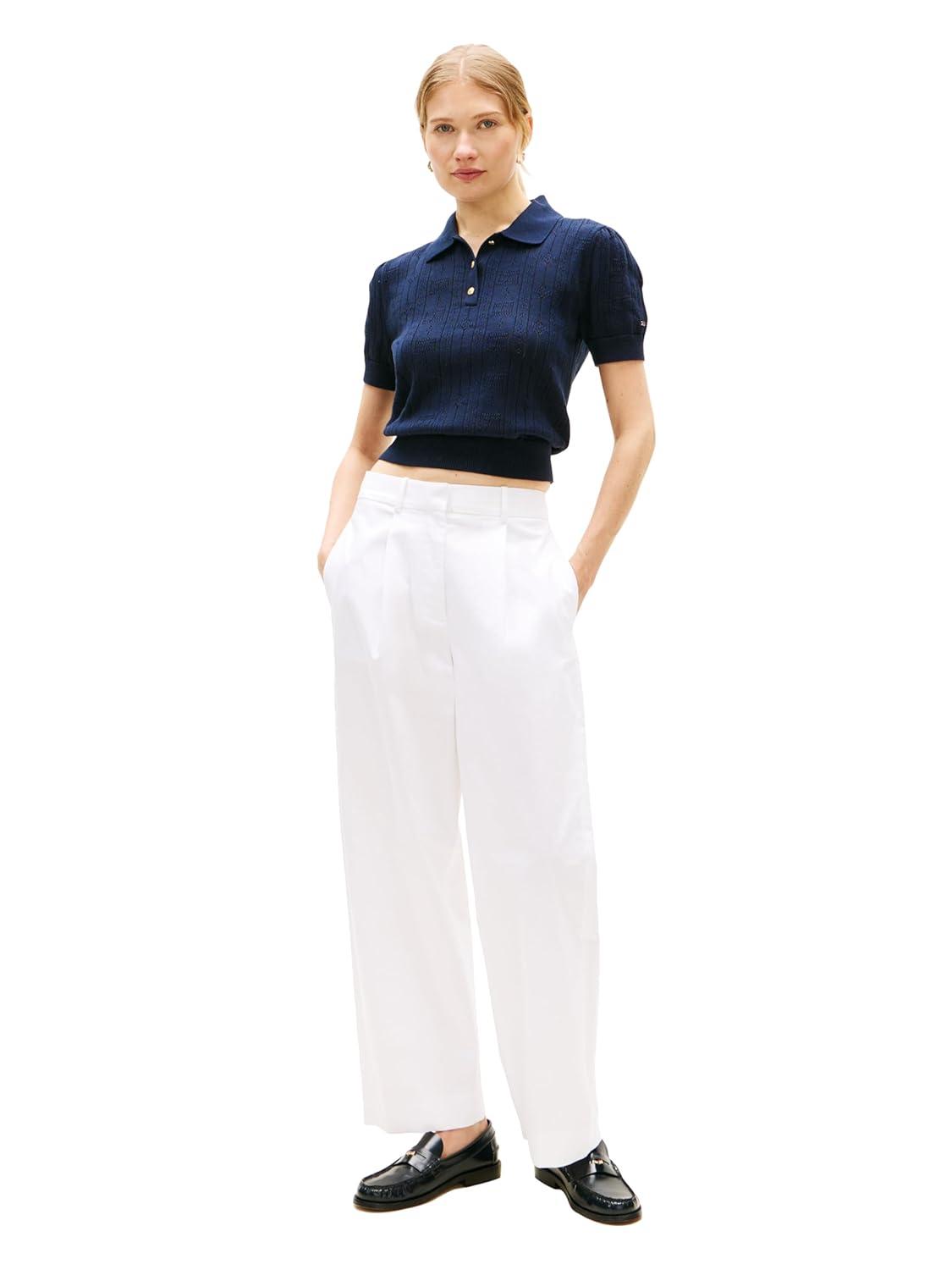 imageTommy Hilfiger Womens Short Sleeve Cotton Polo Sweater Pointelle Knit Cropped Polo Shirt with Puff SleeveDark Night Navy