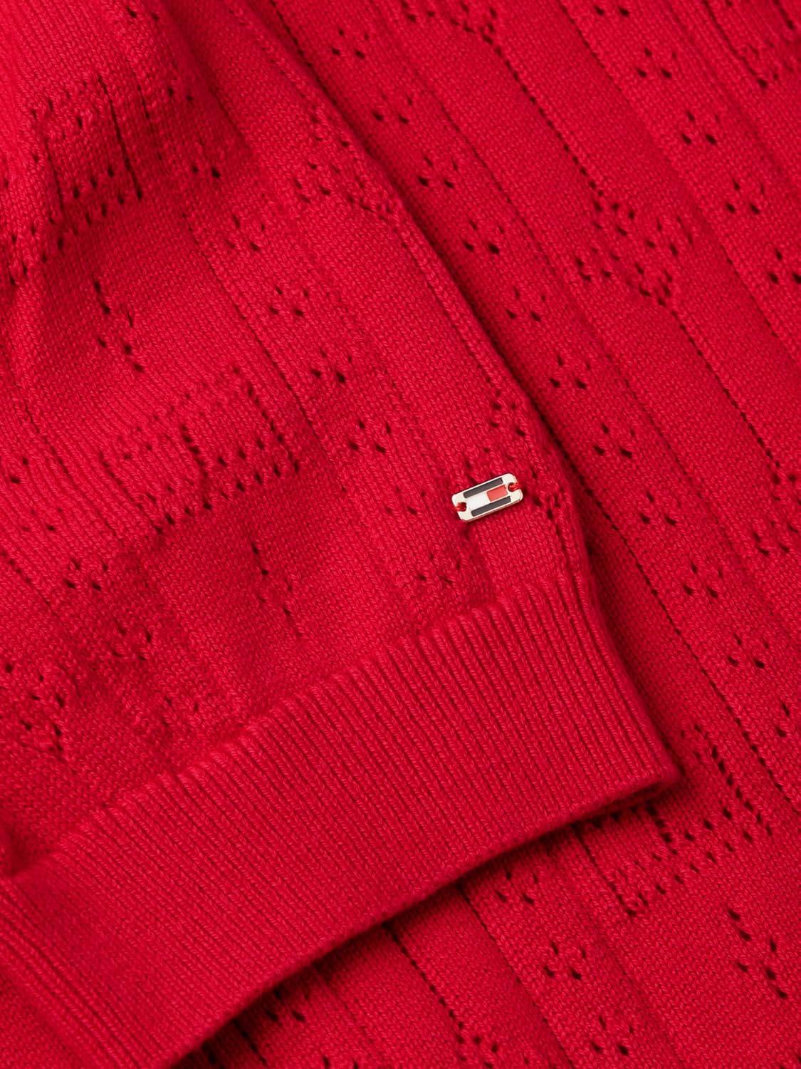 imageTommy Hilfiger Womens Short Sleeve Cotton Polo Sweater Pointelle Knit Cropped Polo Shirt with Puff SleevePrimary Red