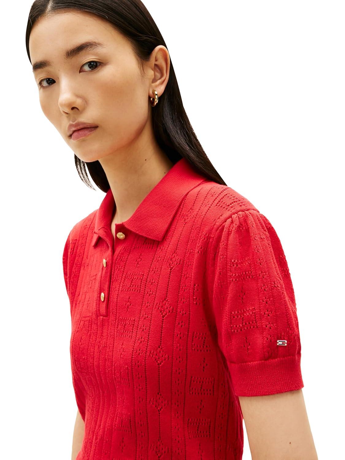 imageTommy Hilfiger Womens Short Sleeve Cotton Polo Sweater Pointelle Knit Cropped Polo Shirt with Puff SleevePrimary Red