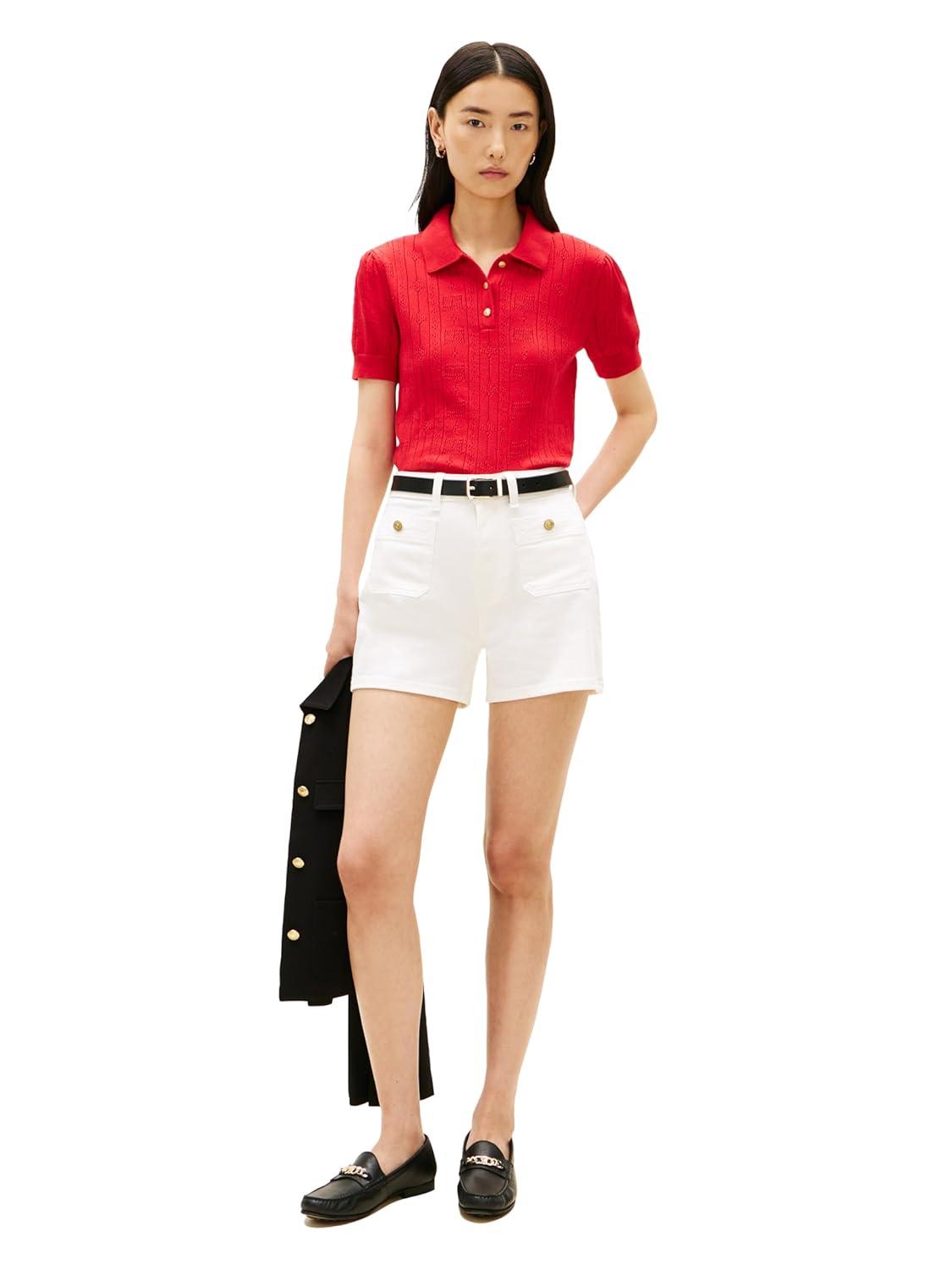 imageTommy Hilfiger Womens Short Sleeve Cotton Polo Sweater Pointelle Knit Cropped Polo Shirt with Puff SleevePrimary Red