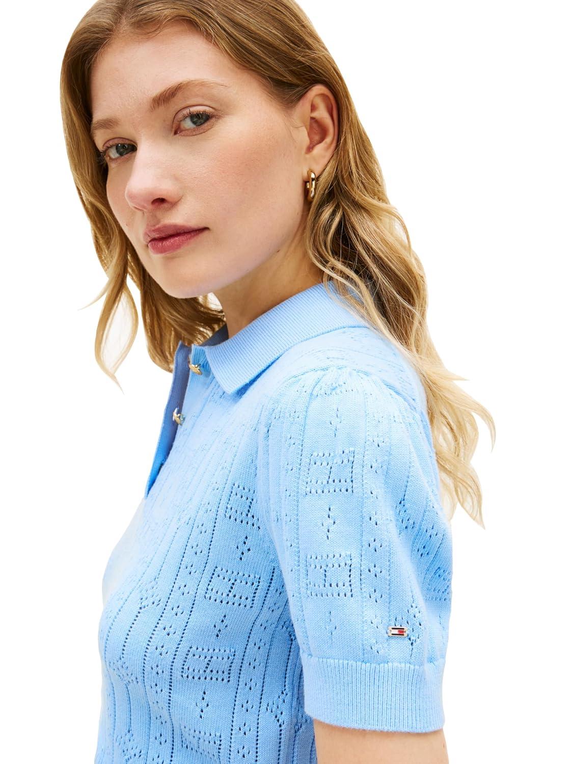 imageTommy Hilfiger Womens Short Sleeve Cotton Polo Sweater Pointelle Knit Cropped Polo Shirt with Puff SleeveVessel Blue
