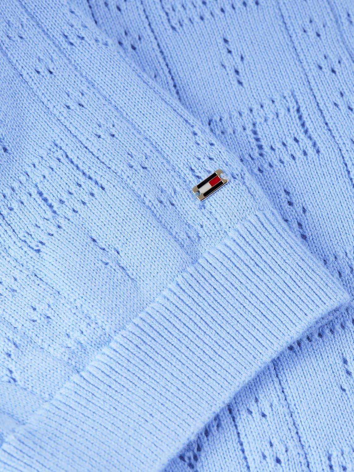 imageTommy Hilfiger Womens Short Sleeve Cotton Polo Sweater Pointelle Knit Cropped Polo Shirt with Puff SleeveVessel Blue