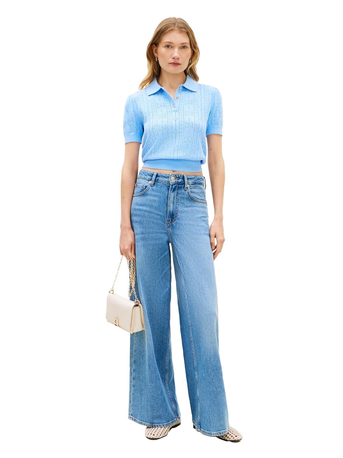 imageTommy Hilfiger Womens Short Sleeve Cotton Polo Sweater Pointelle Knit Cropped Polo Shirt with Puff SleeveVessel Blue