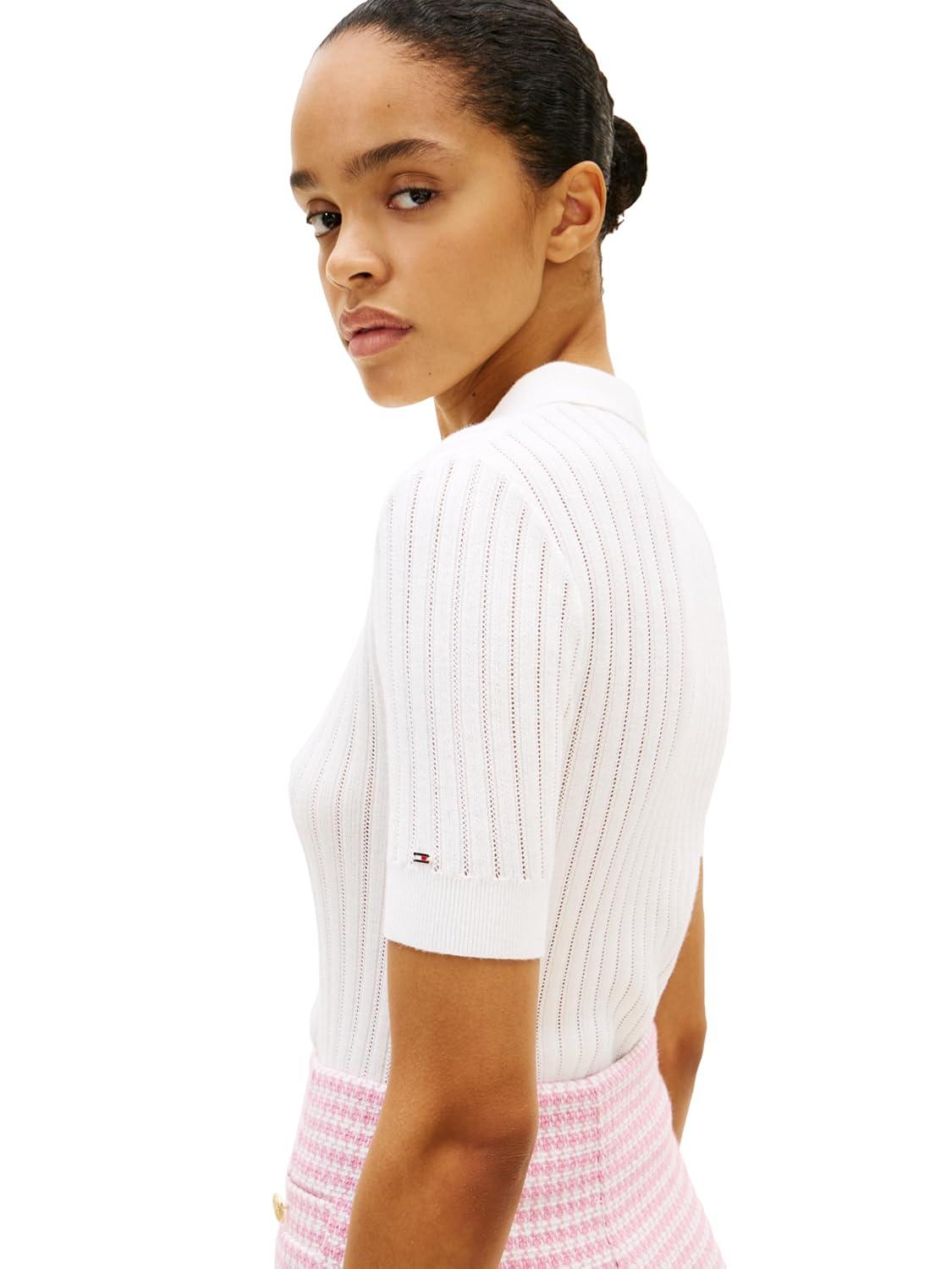 imageTommy Hilfiger Womens Short Sleeve Cotton Polo Sweater Pointelle Ribbed Knit V Neck Polo ShirtEcru
