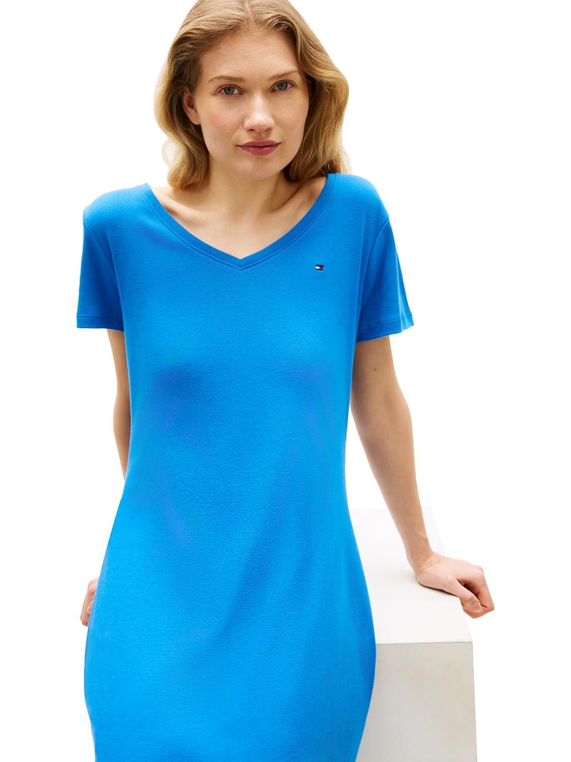 imageTommy Hilfiger Womens Short Sleeve Cotton VNeck TShirt Dress Casual Dress Loose FitBlue Orbit