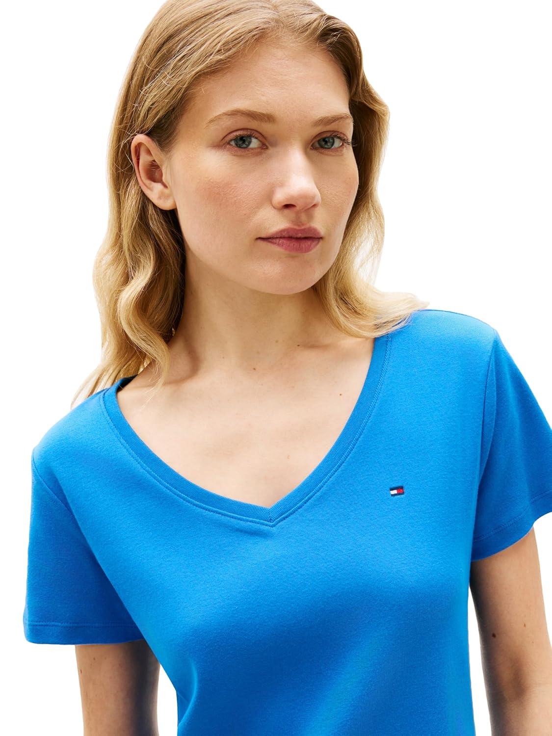 imageTommy Hilfiger Womens Short Sleeve Cotton VNeck TShirt Dress Casual Dress Loose FitBlue Orbit
