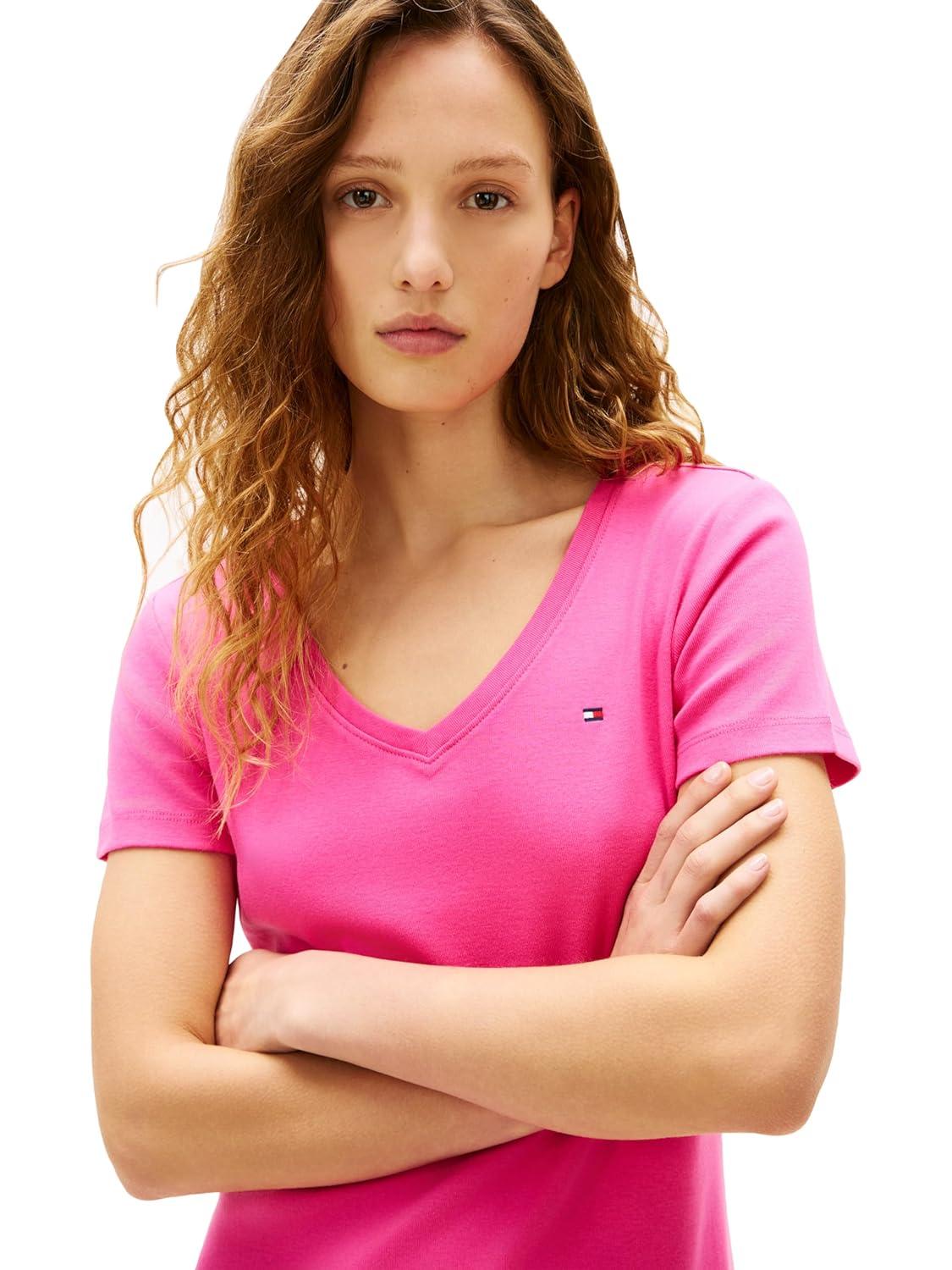 imageTommy Hilfiger Womens Short Sleeve Cotton VNeck TShirt Dress Casual Dress Loose FitBonita Pink