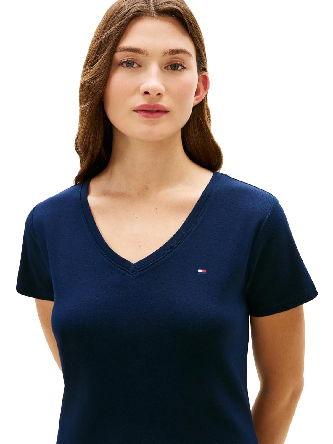 imageTommy Hilfiger Womens Short Sleeve Cotton VNeck TShirt Dress Casual Dress Loose FitDark Night Navy