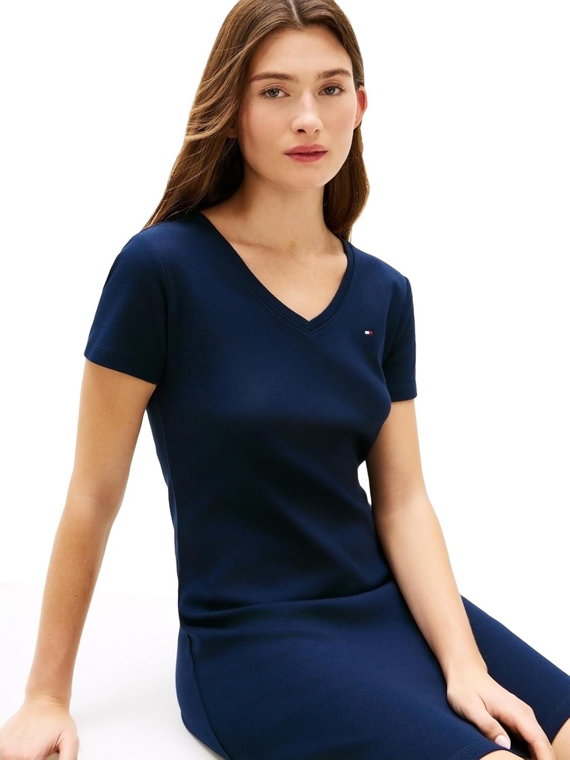 imageTommy Hilfiger Womens Short Sleeve Cotton VNeck TShirt Dress Casual Dress Loose FitDark Night Navy