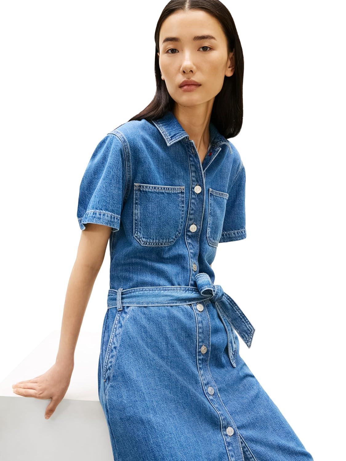 imageTommy Hilfiger Womens Short Sleeve Denim Shirt Dress with Waist Tie DetailMid Blue