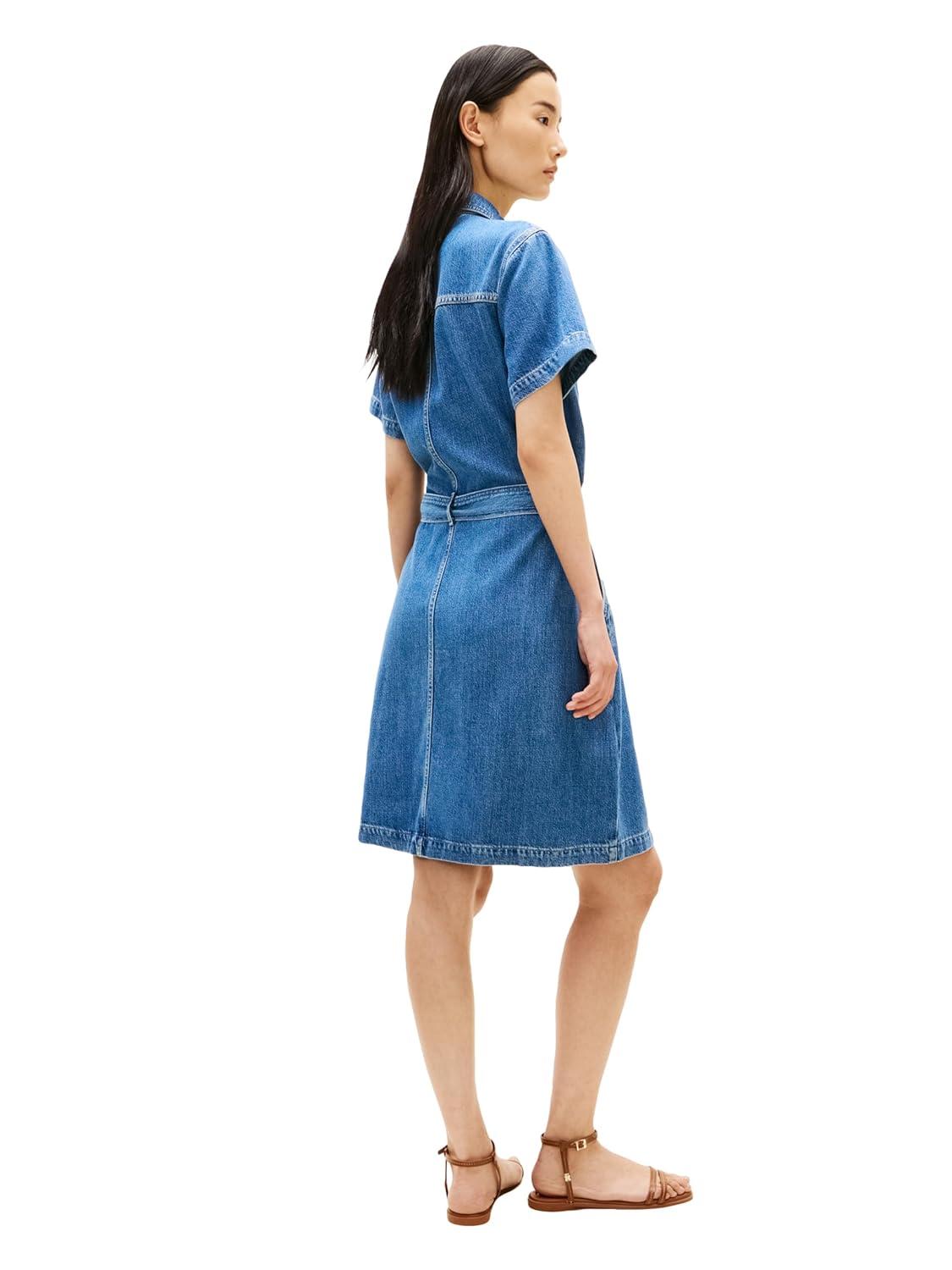 imageTommy Hilfiger Womens Short Sleeve Denim Shirt Dress with Waist Tie DetailMid Blue