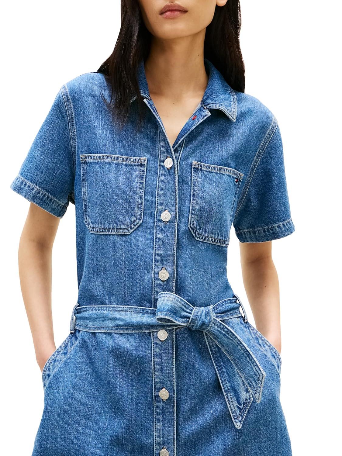 imageTommy Hilfiger Womens Short Sleeve Denim Shirt Dress with Waist Tie DetailMid Blue