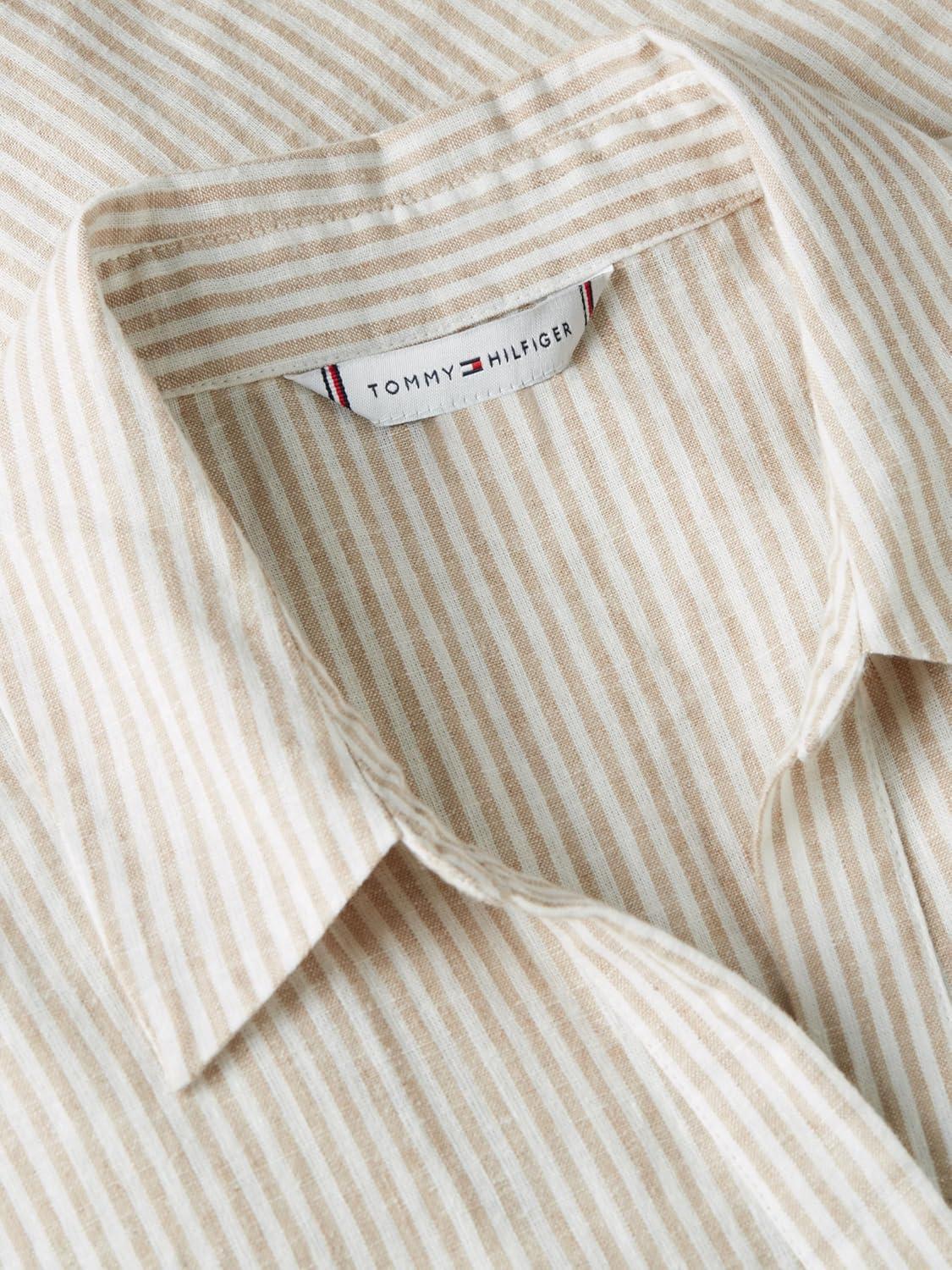 imageTommy Hilfiger Womens Short Sleeve Linen Shirt Midi Dress with PocketsBeige White Stripe