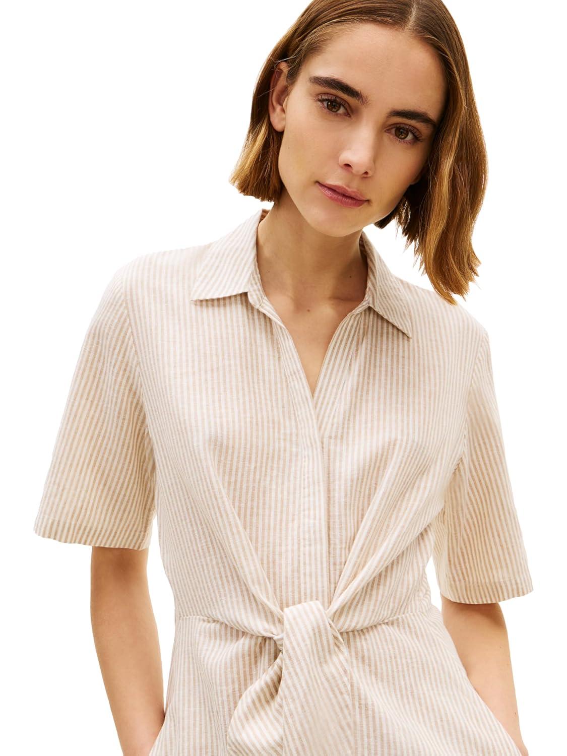 imageTommy Hilfiger Womens Short Sleeve Linen Shirt Midi Dress with PocketsBeige White Stripe