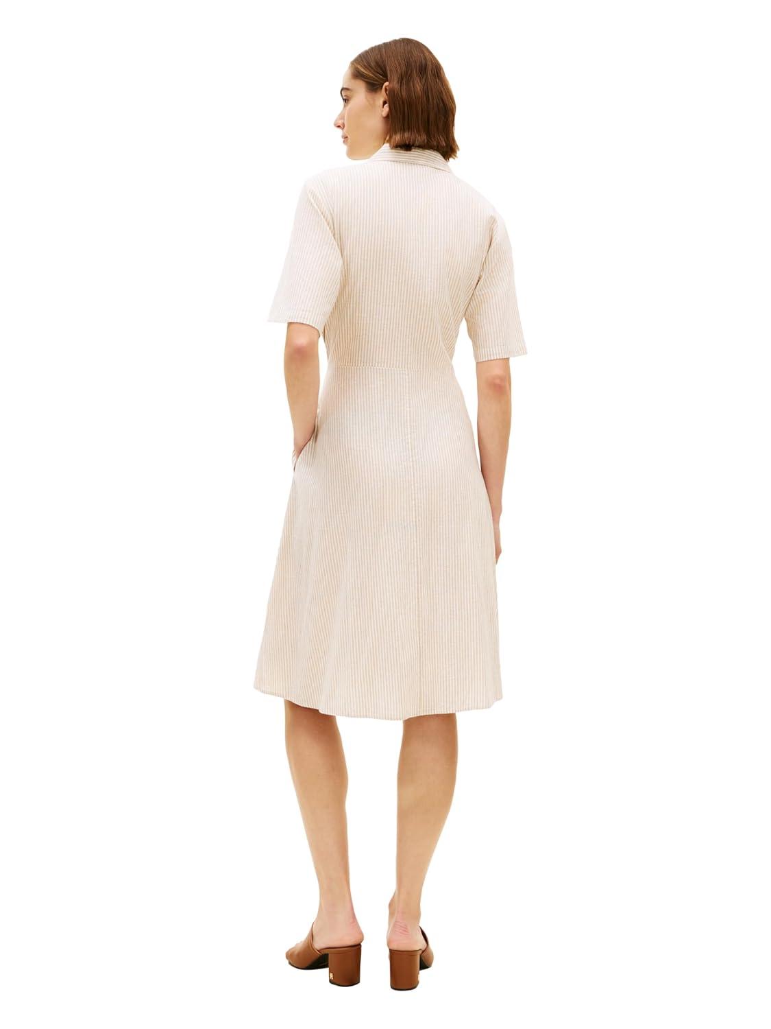 imageTommy Hilfiger Womens Short Sleeve Linen Shirt Midi Dress with PocketsBeige White Stripe