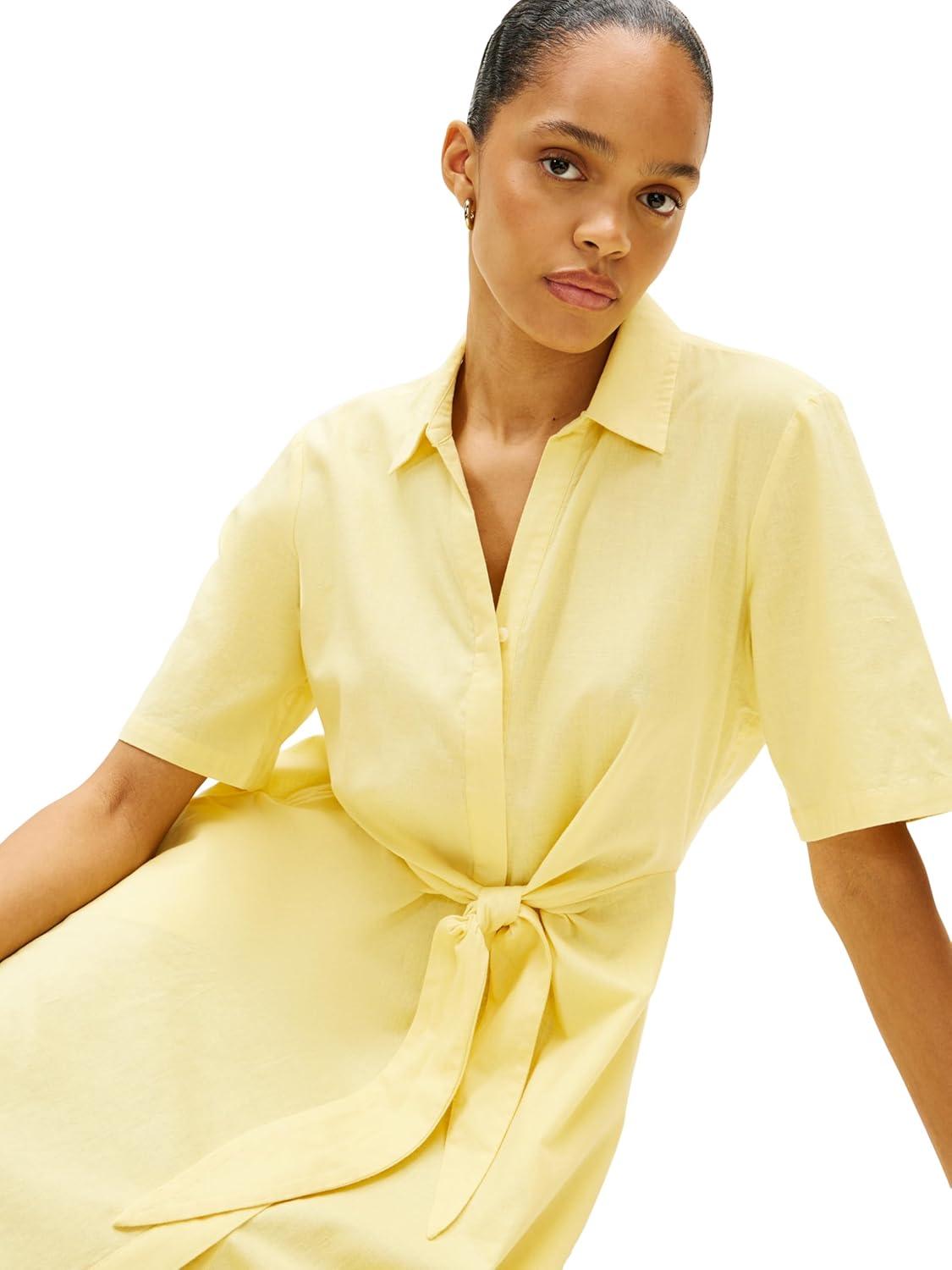 imageTommy Hilfiger Womens Short Sleeve Linen Shirt Midi Dress with PocketsCitronella