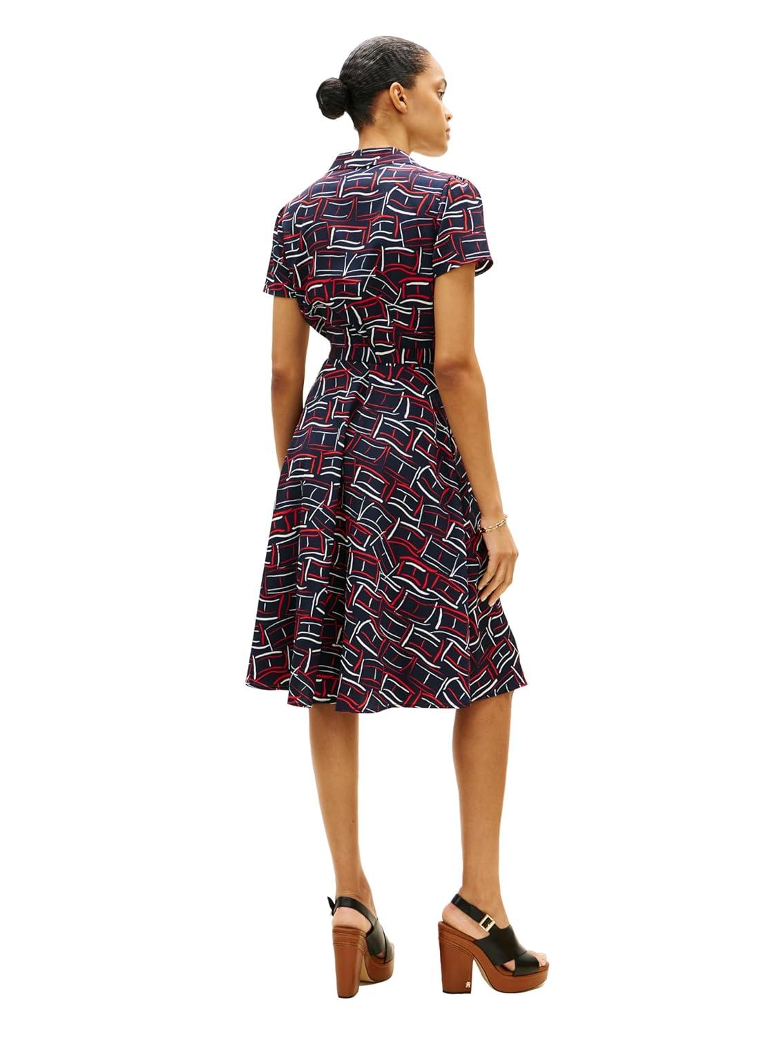 imageTommy Hilfiger Womens Short Sleeve V Neck Printed Shirt Dress Work Business Casual DressFlag Feathers Dark Night Navy Fireworks