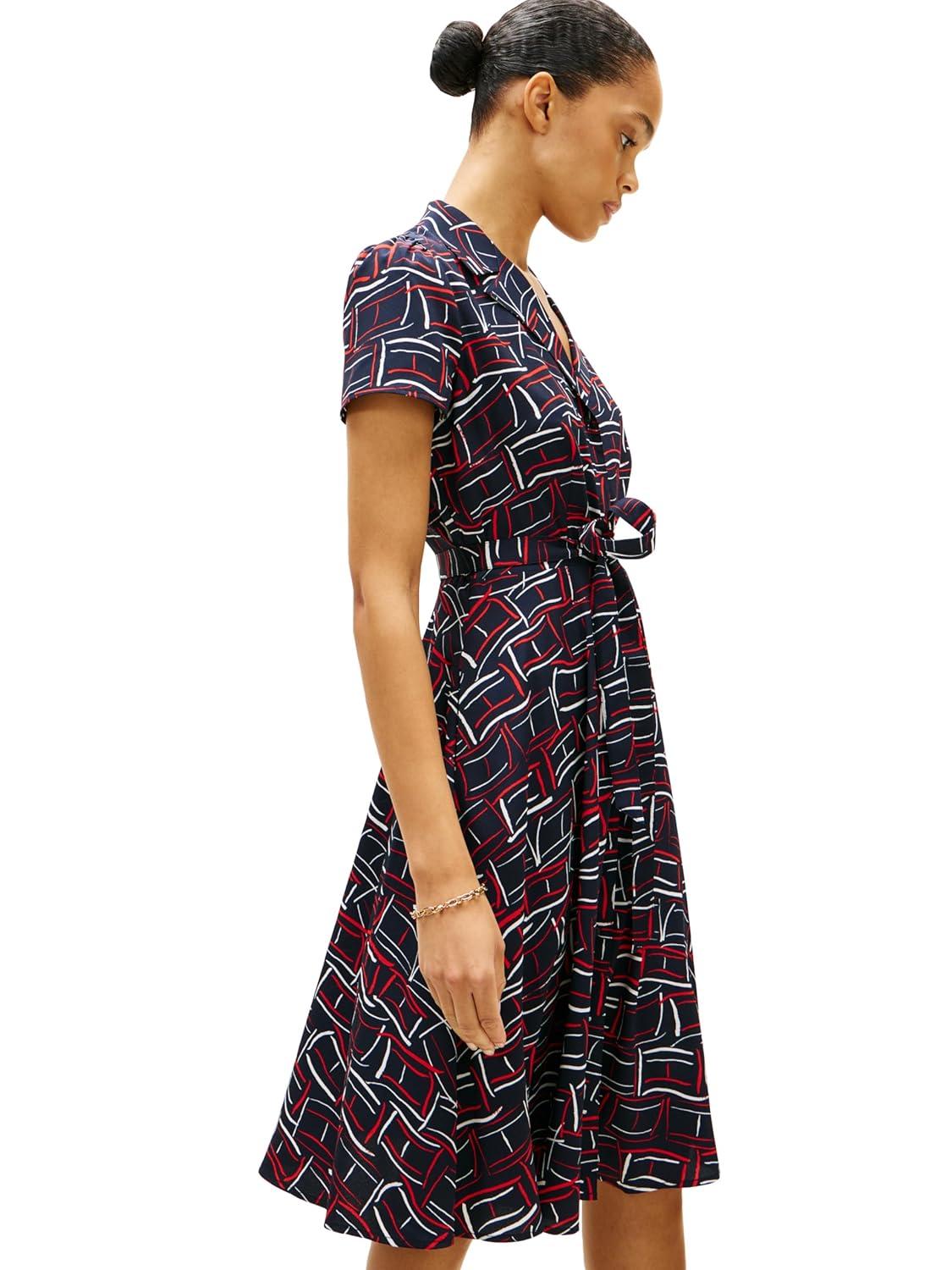 imageTommy Hilfiger Womens Short Sleeve V Neck Printed Shirt Dress Work Business Casual DressFlag Feathers Dark Night Navy Fireworks