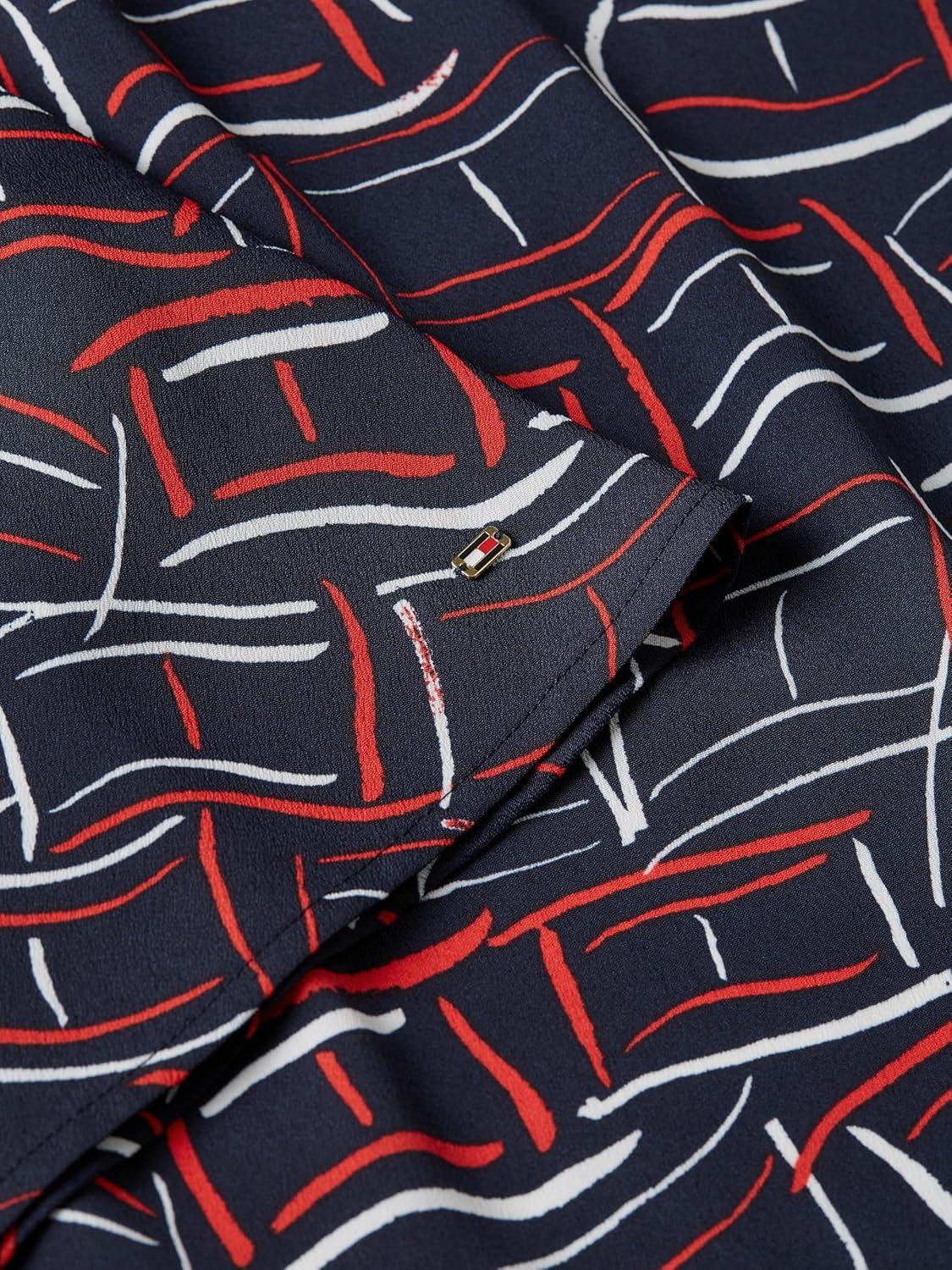 imageTommy Hilfiger Womens Short Sleeve V Neck Printed Shirt Dress Work Business Casual DressFlag Feathers Dark Night Navy Fireworks