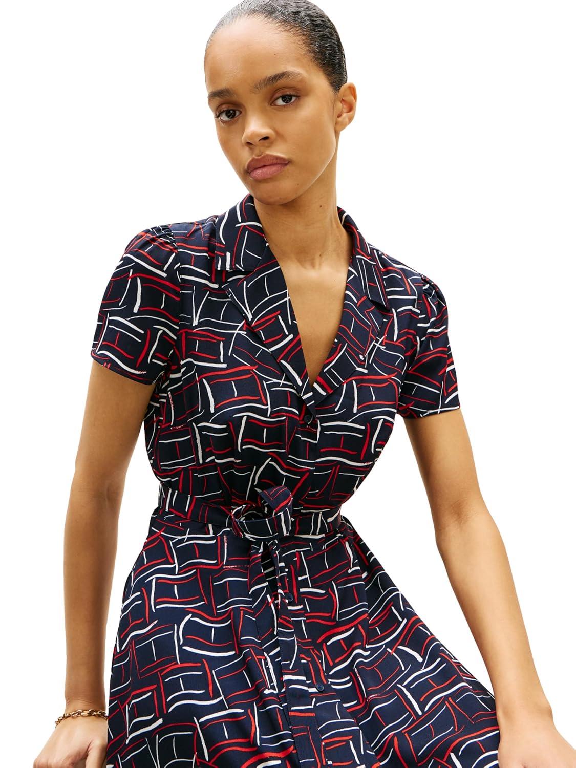 imageTommy Hilfiger Womens Short Sleeve V Neck Printed Shirt Dress Work Business Casual DressFlag Feathers Dark Night Navy Fireworks