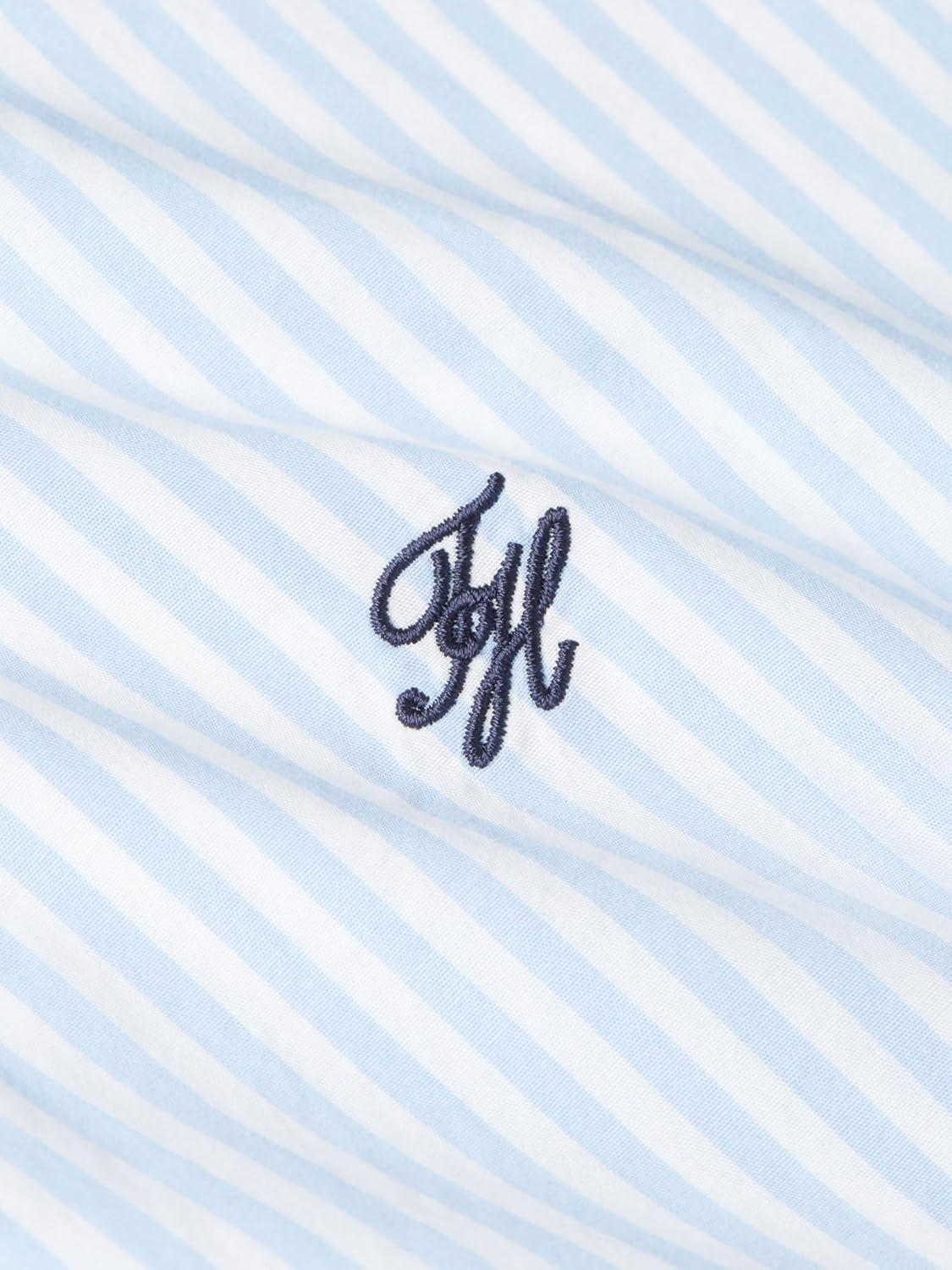 imageTommy Hilfiger Womens Sleeveless Cotton Button Down Shirt Smocked Waist Blouse Peplum TopBanker Stripe Vessel Blue White