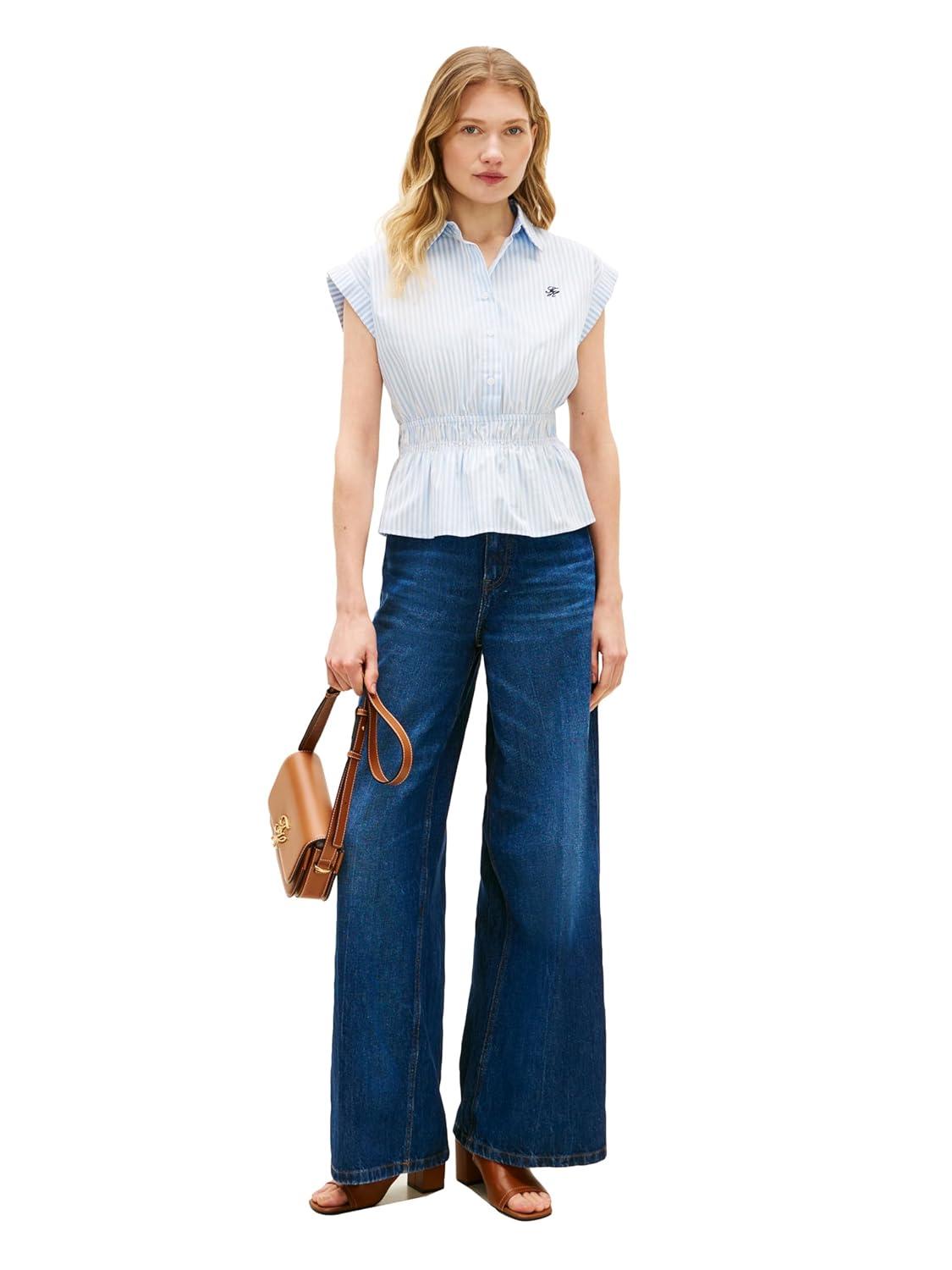 imageTommy Hilfiger Womens Sleeveless Cotton Button Down Shirt Smocked Waist Blouse Peplum TopBanker Stripe Vessel Blue White