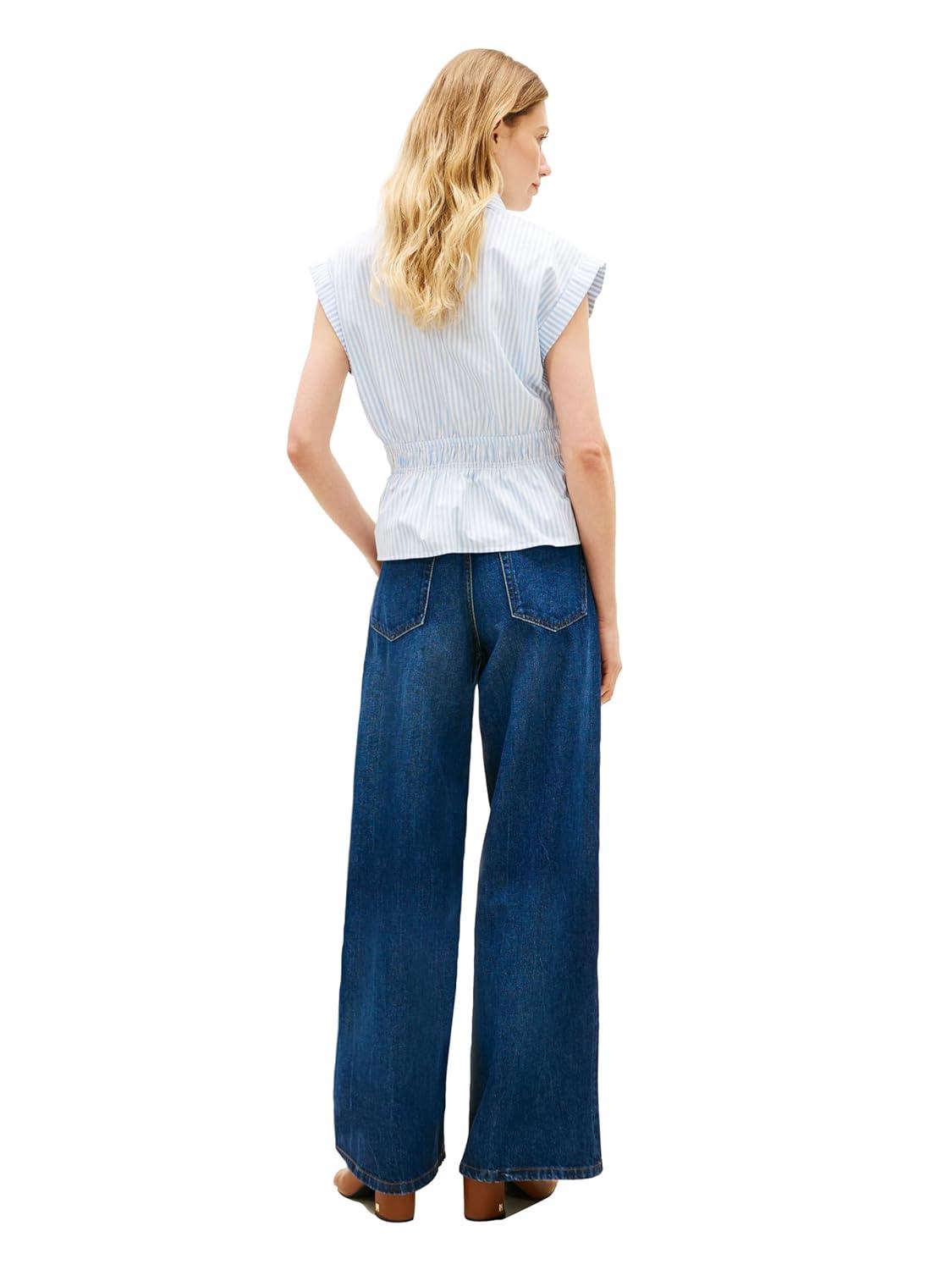 imageTommy Hilfiger Womens Sleeveless Cotton Button Down Shirt Smocked Waist Blouse Peplum TopBanker Stripe Vessel Blue White