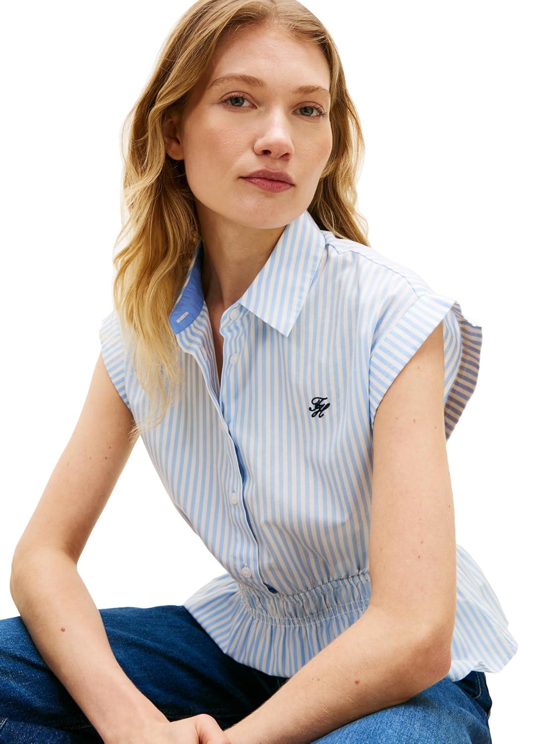 imageTommy Hilfiger Womens Sleeveless Cotton Button Down Shirt Smocked Waist Blouse Peplum TopBanker Stripe Vessel Blue White