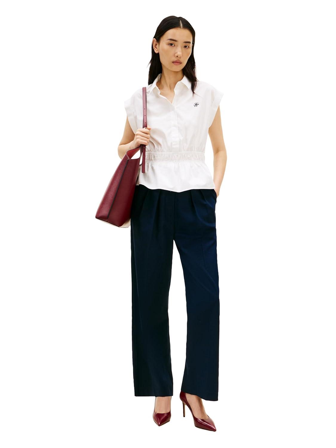 imageTommy Hilfiger Womens Sleeveless Cotton Button Down Shirt Smocked Waist Blouse Peplum TopEcru