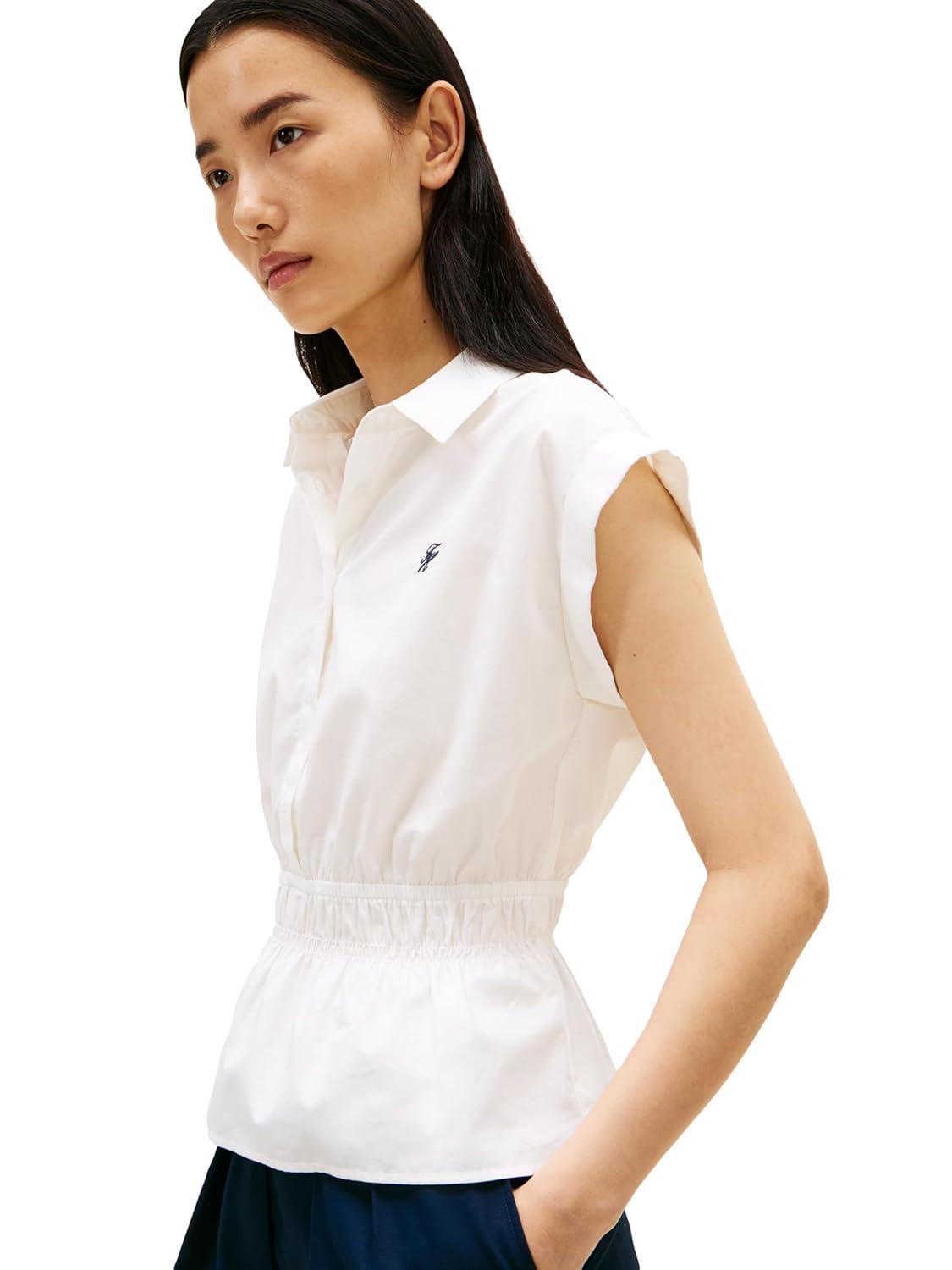 imageTommy Hilfiger Womens Sleeveless Cotton Button Down Shirt Smocked Waist Blouse Peplum TopEcru