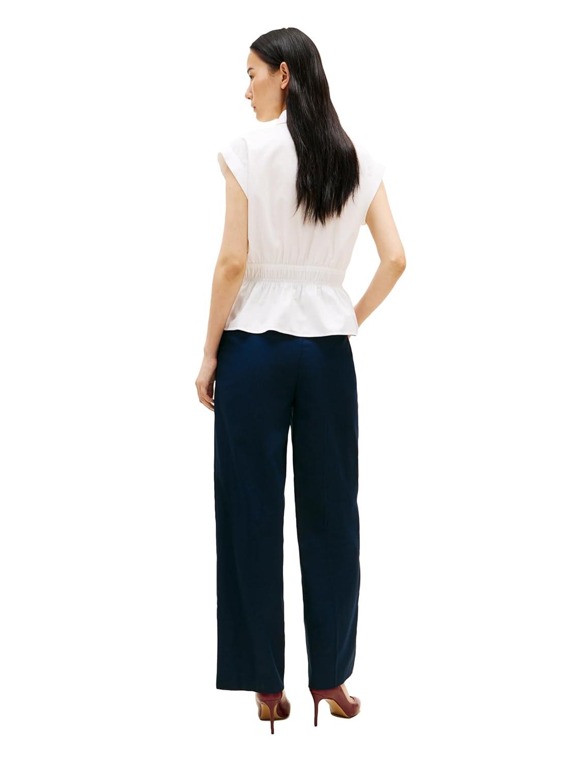 imageTommy Hilfiger Womens Sleeveless Cotton Button Down Shirt Smocked Waist Blouse Peplum TopEcru