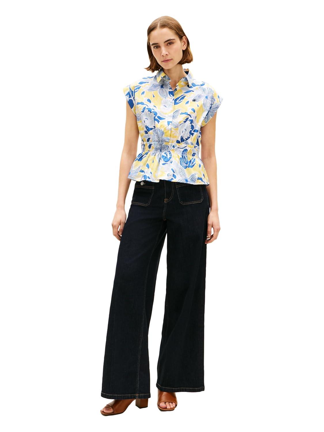 imageTommy Hilfiger Womens Sleeveless Cotton Button Down Shirt Smocked Waist Blouse Peplum TopSpring Garden Blue OrbitCitronella