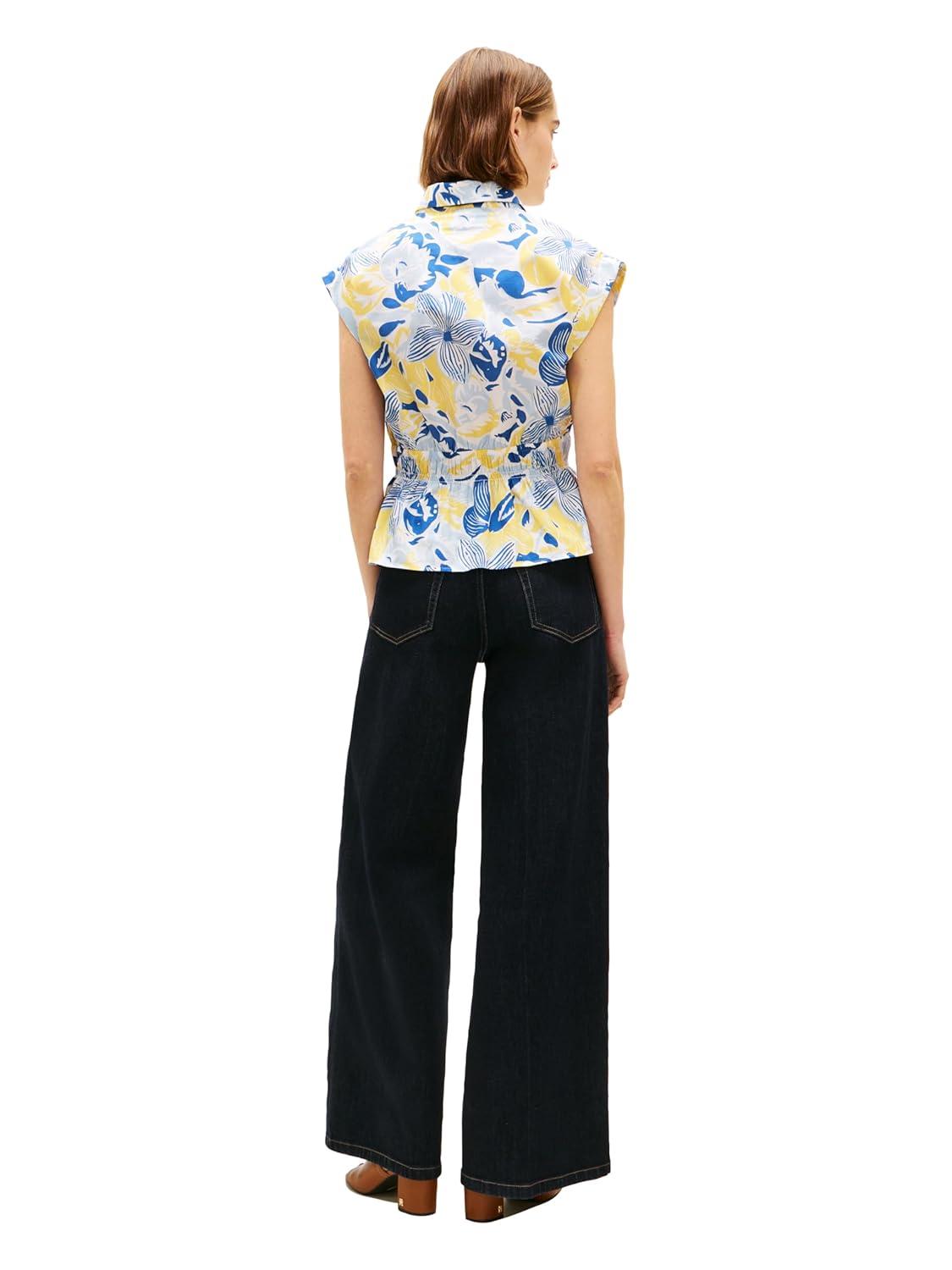 imageTommy Hilfiger Womens Sleeveless Cotton Button Down Shirt Smocked Waist Blouse Peplum TopSpring Garden Blue OrbitCitronella