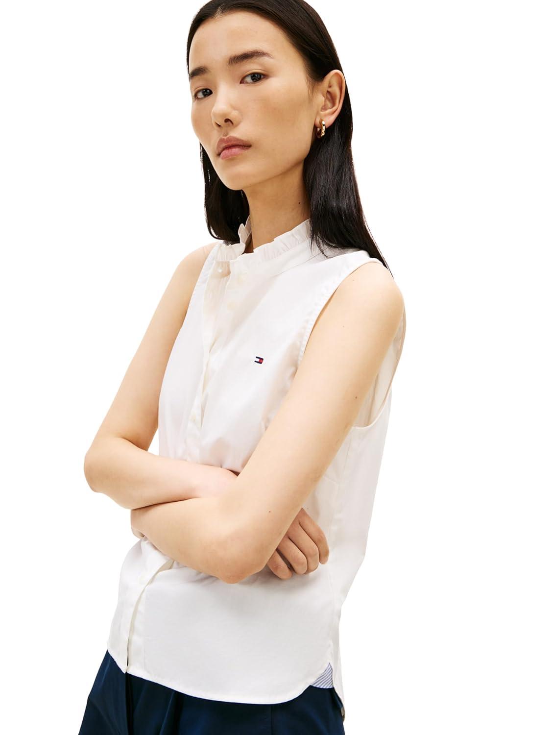 imageTommy Hilfiger Womens Sleeveless Cotton Button Down Shirt with Collar DetailEcru