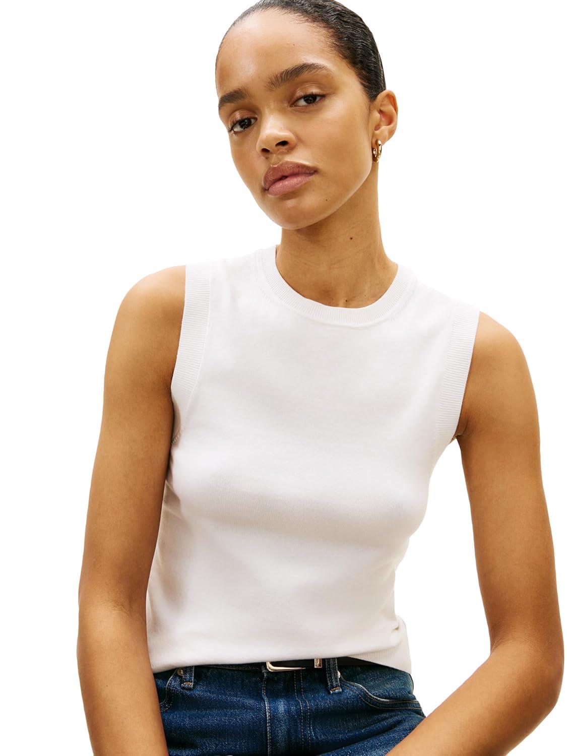 imageTommy Hilfiger Womens Sleeveless Cotton Crew Neck Sweater Knit Sweater Vest TopEcru