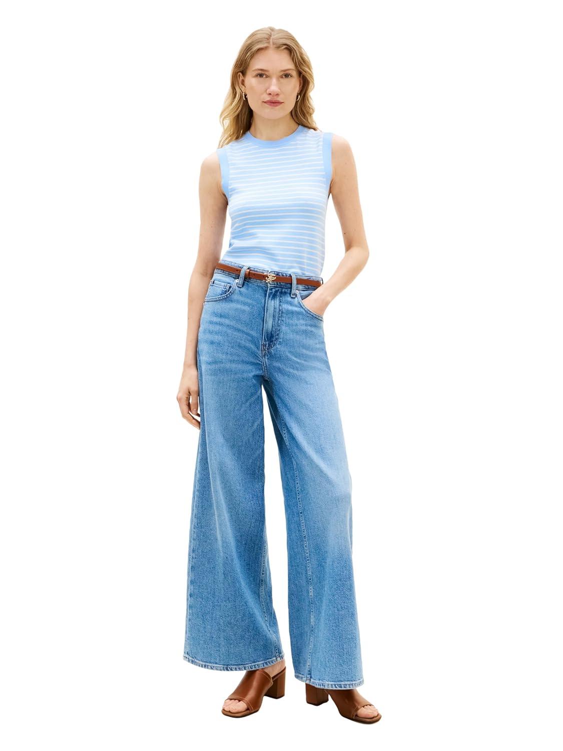 imageTommy Hilfiger Womens Sleeveless Cotton Crew Neck Sweater Knit Sweater Vest TopVessel Blue Ecru Stripe