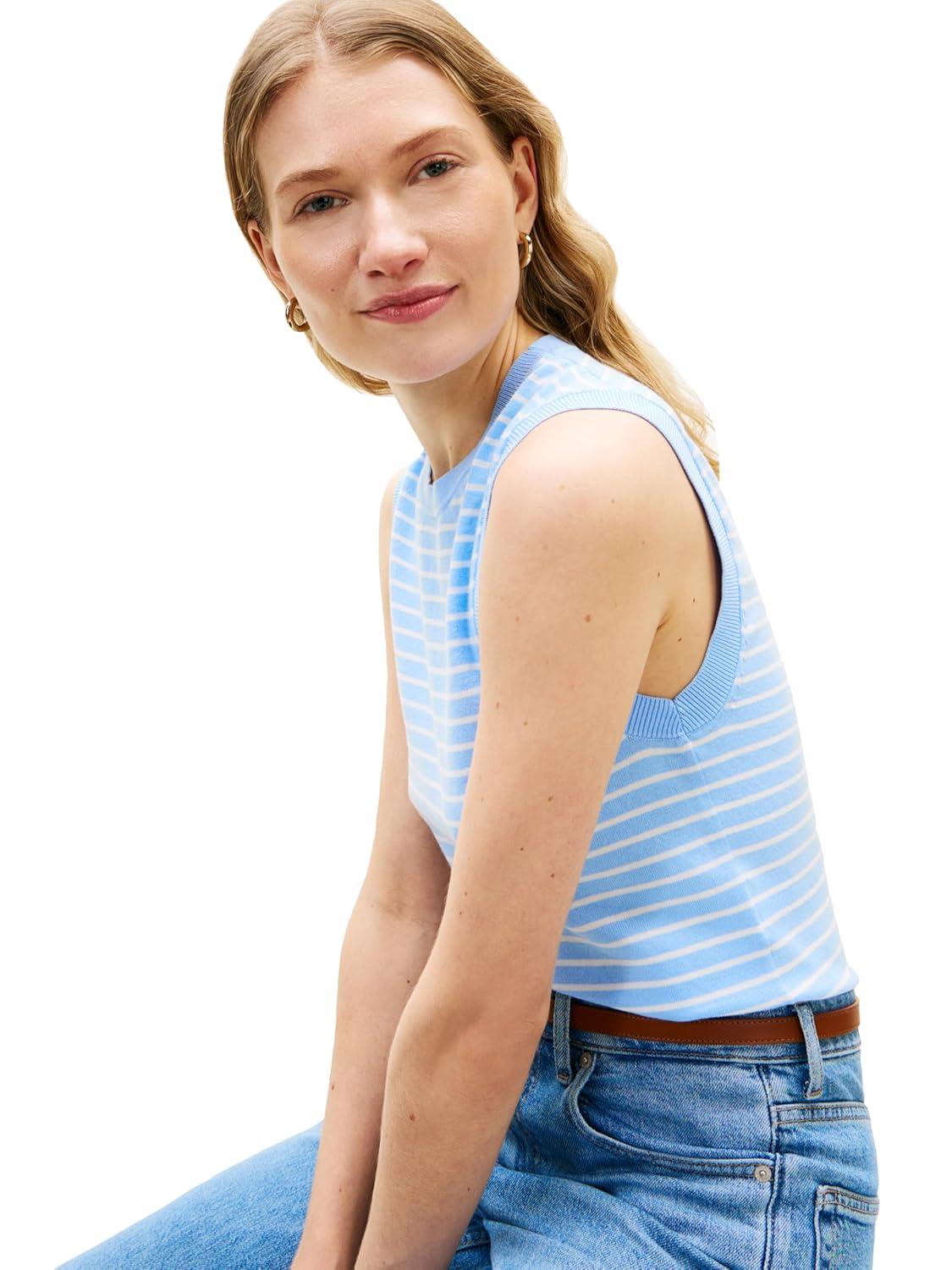 imageTommy Hilfiger Womens Sleeveless Cotton Crew Neck Sweater Knit Sweater Vest TopVessel Blue Ecru Stripe